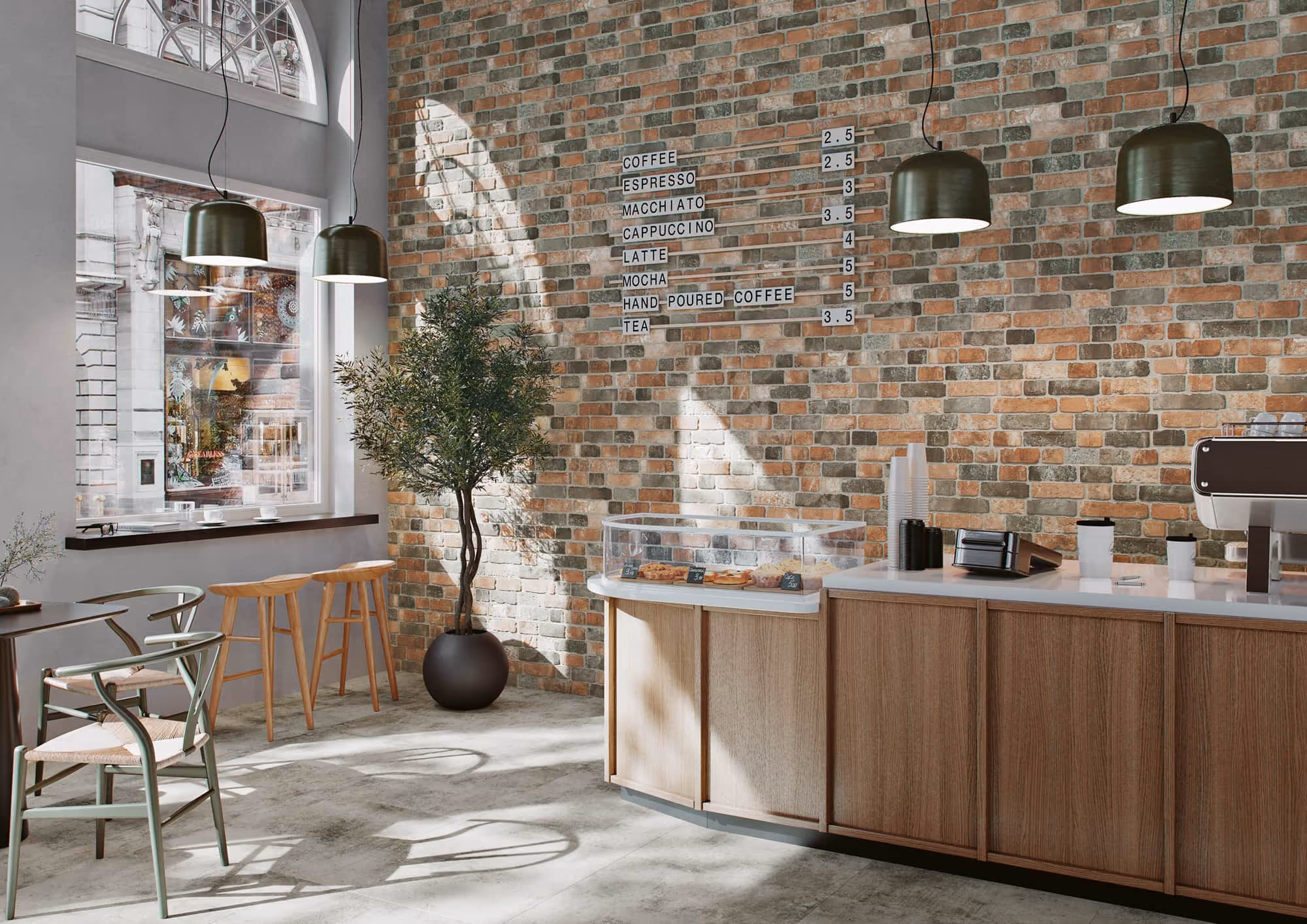 Modern coffee shop interior with brick wall menu, wooden counter, stools, green chairs, and large window.