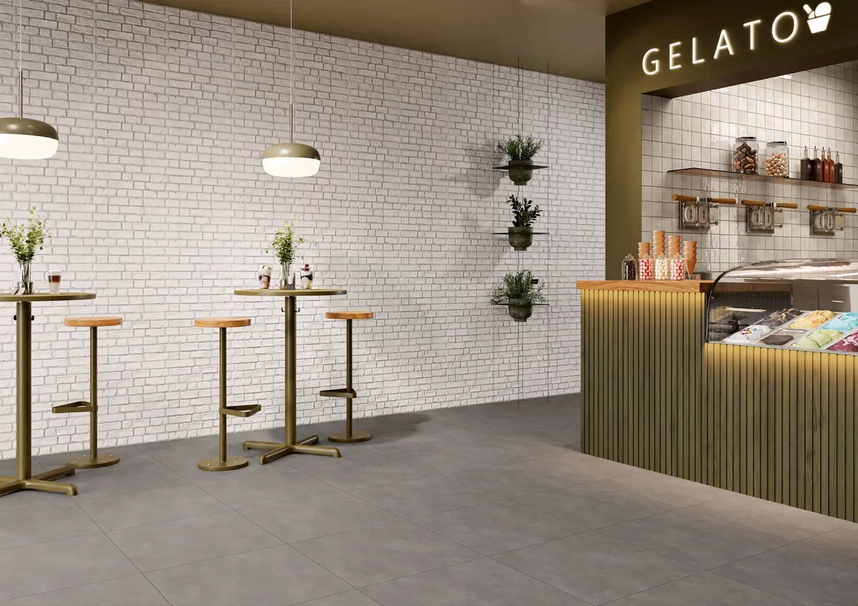 Modern gelato shop interior with brick wall, bar stools, high tables, plants, and gelato display case.