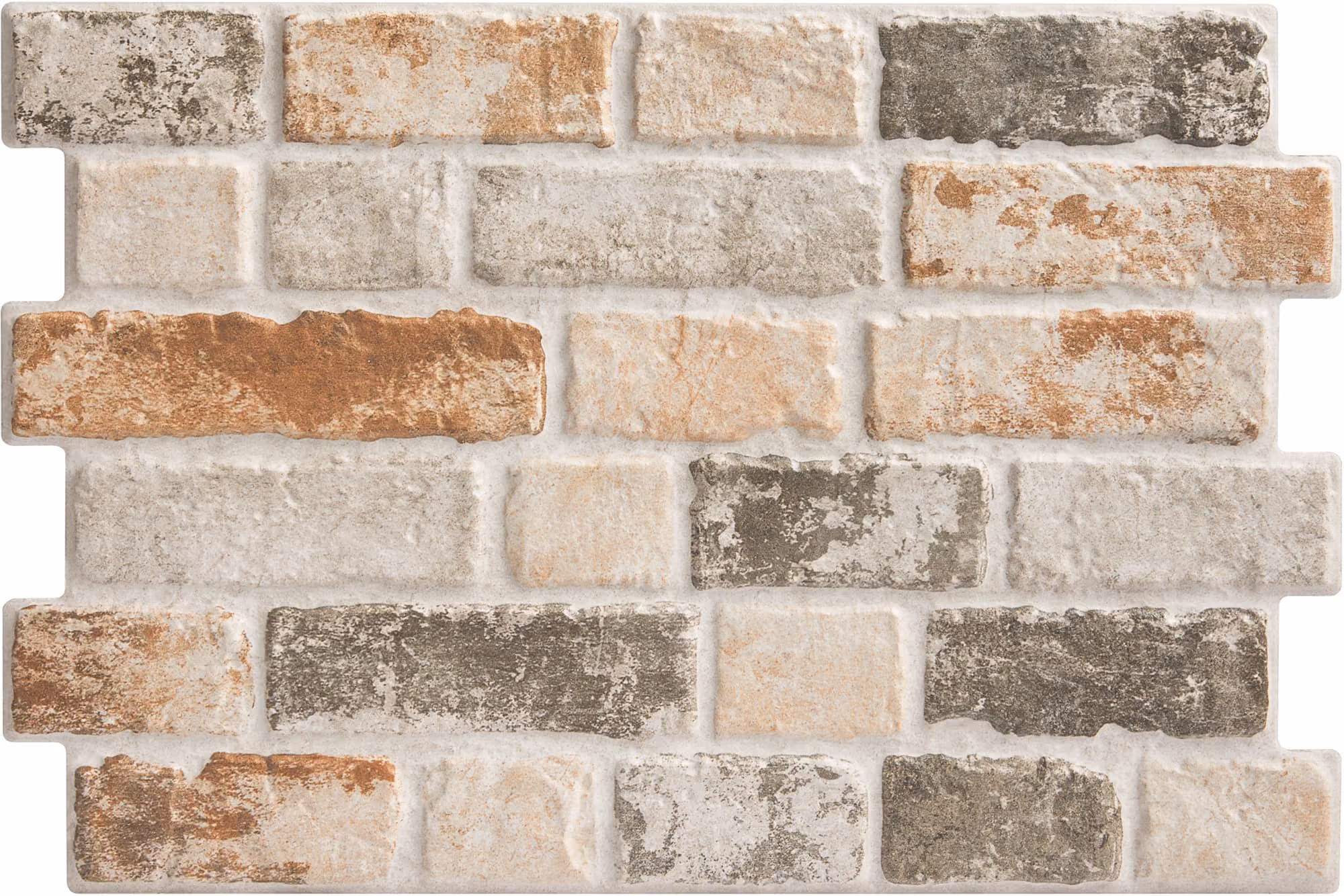 Rectangular bricks in varied tones of beige, brown, and gray arranged in a rough pattern.