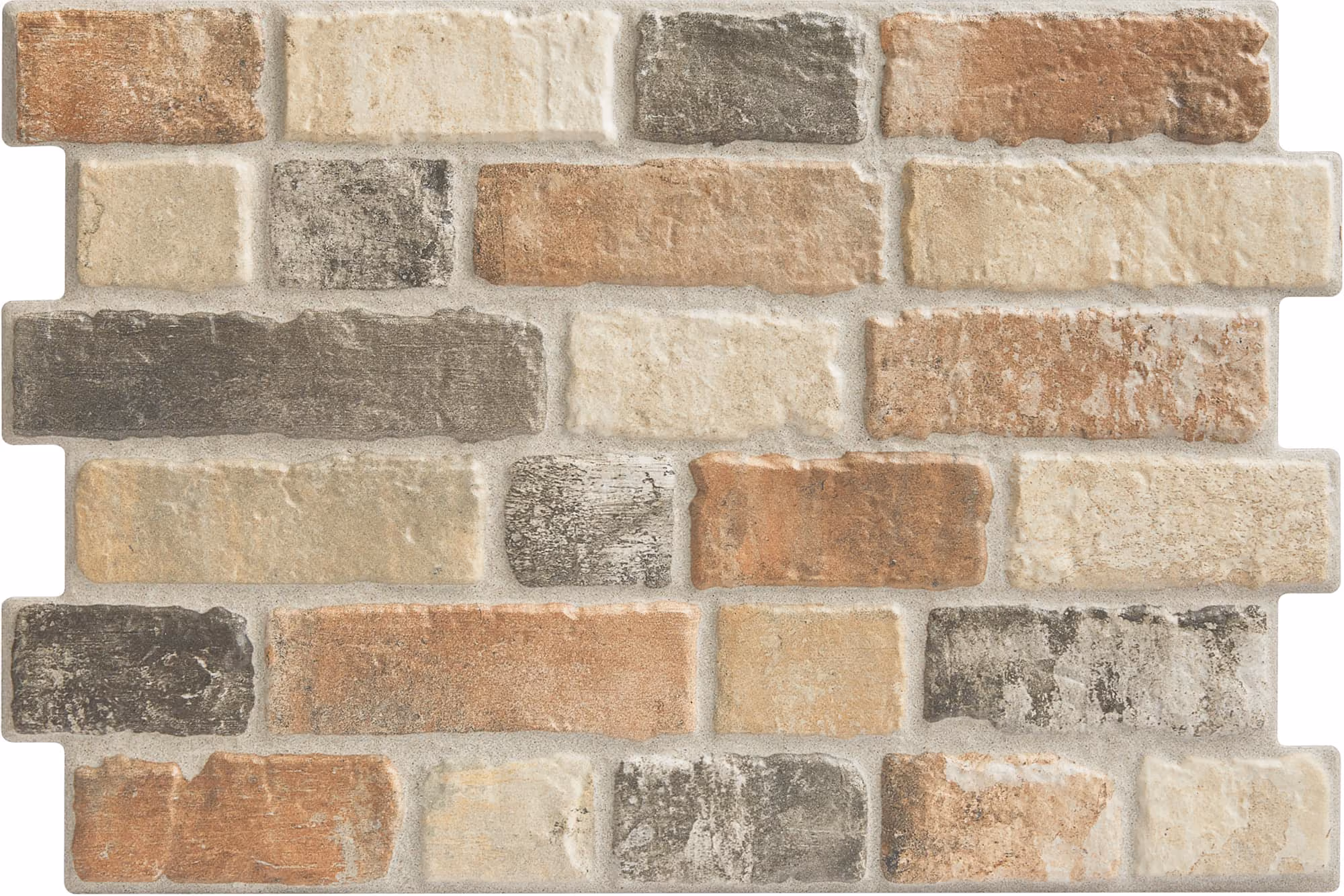 Pattern of rectangular bricks in various earth tones with textured surfaces and mortar gaps.