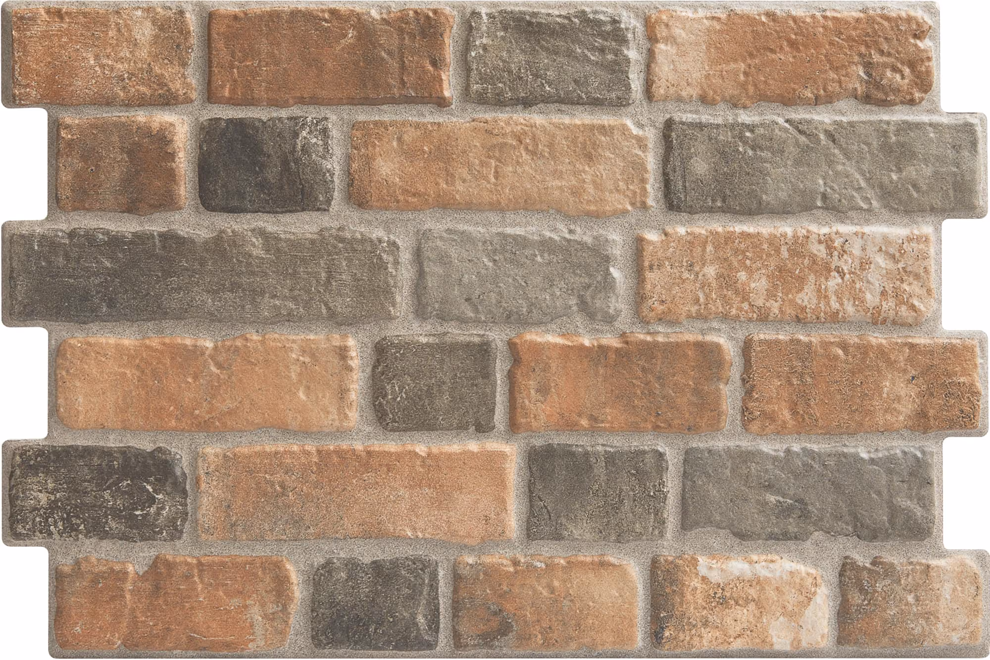 Panel of rectangular bricks in shades of brown and gray with rough texture and mortar in between.
