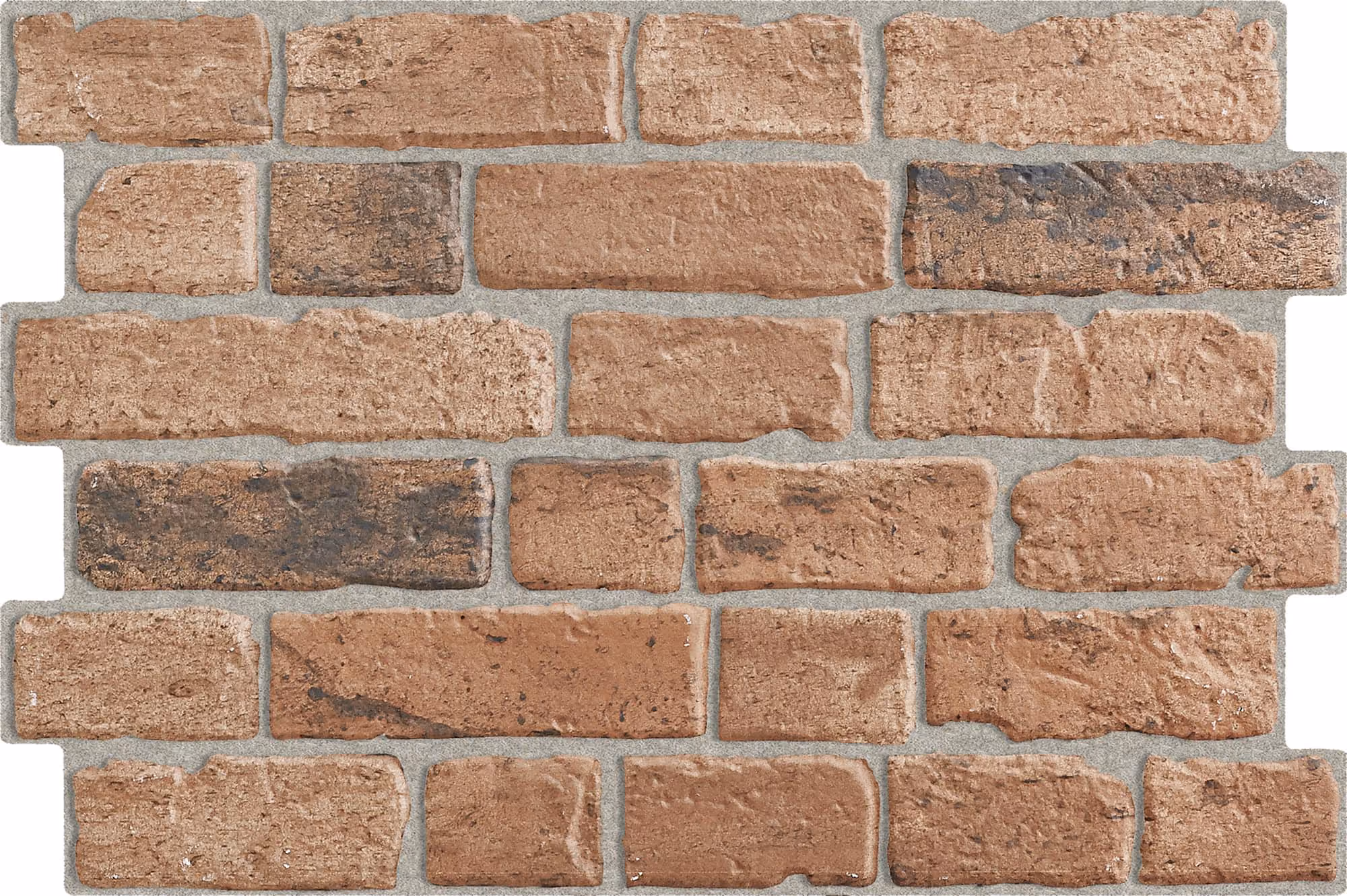 Close-up of an uneven textured reddish-brown brick wall with light gray mortar.