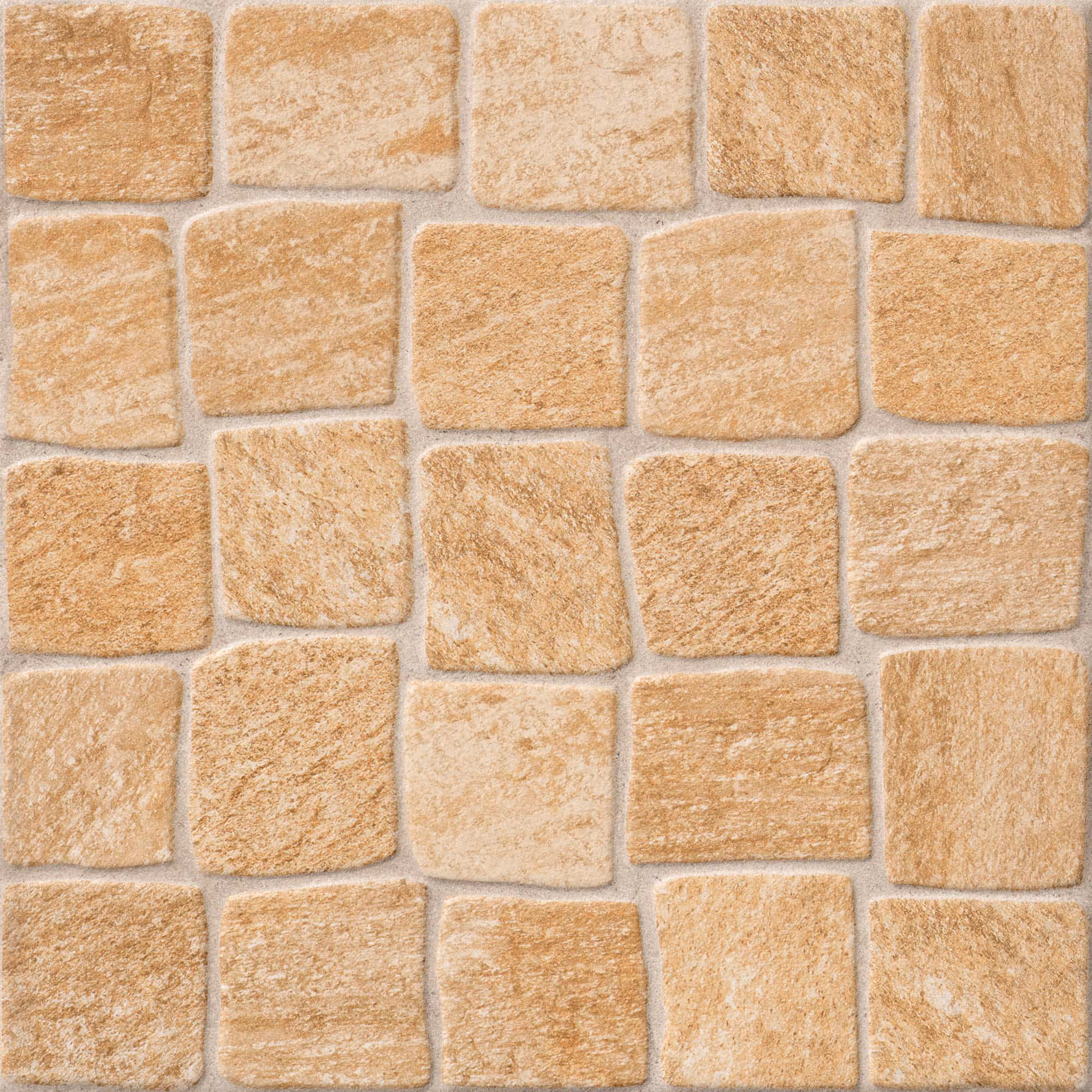 Square beige stone tiles with rough texture arranged in a staggered grid pattern.