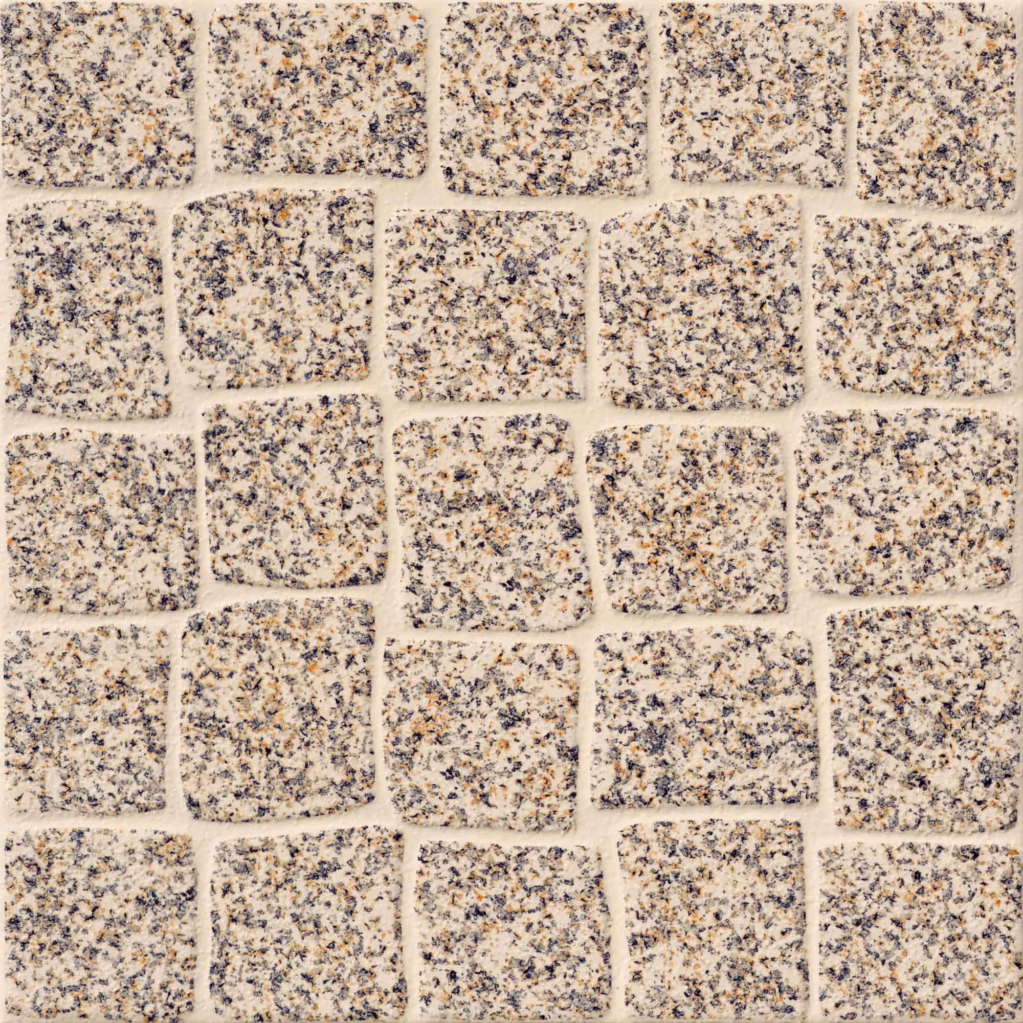 Close-up of beige cobblestone pavement with irregular square stones and visible grout lines.