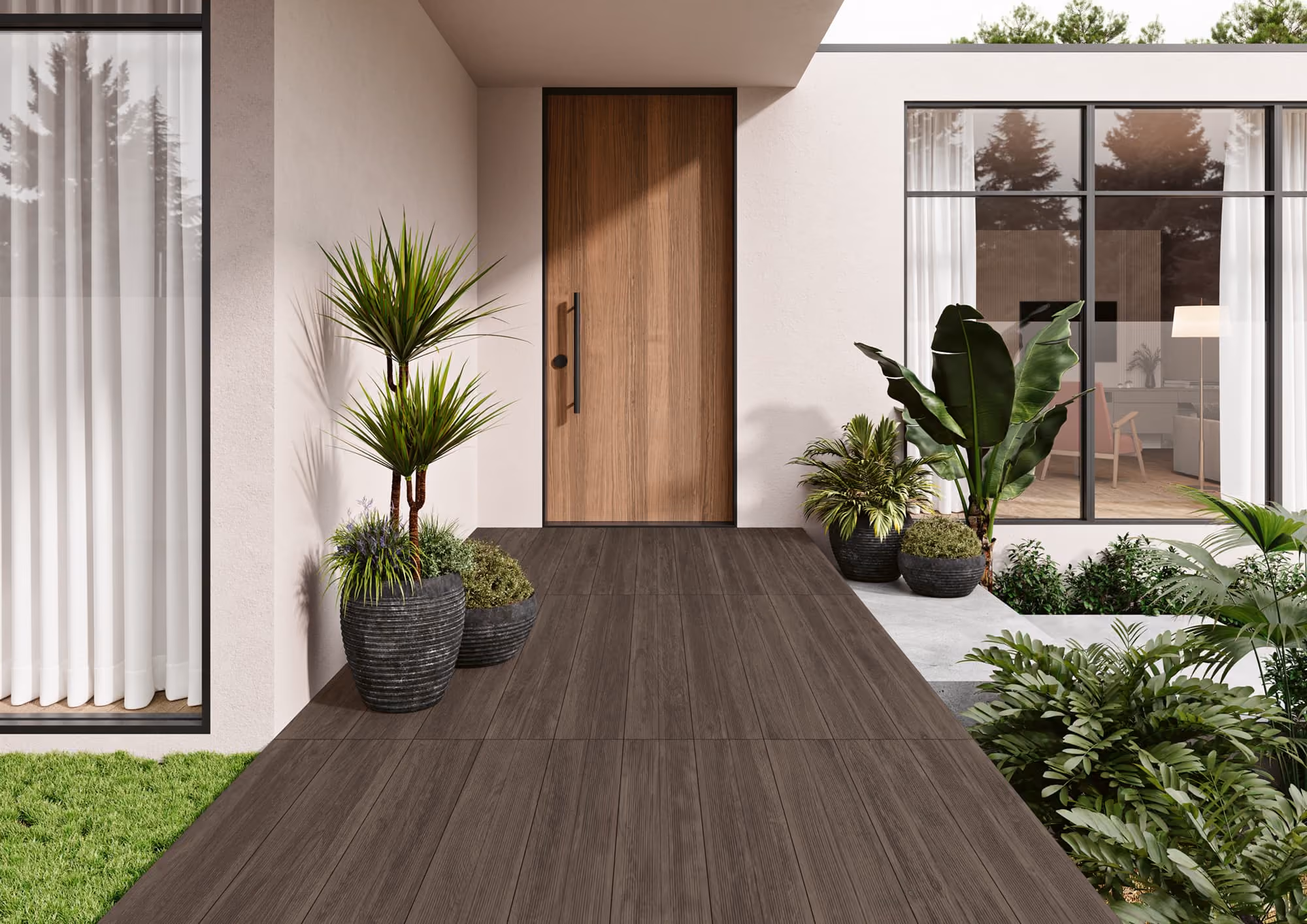 Modern house entrance with a wooden door, large windows, and potted green plants on a dark wooden porch.