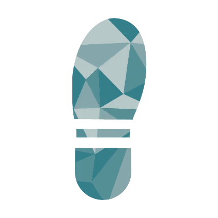 Footprint icon made of geometric polygon shapes in teal and gray tones.