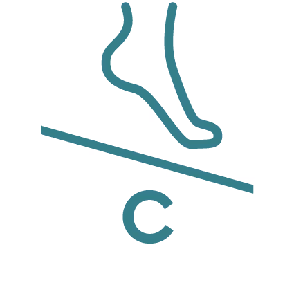 Icon of a foot stepping on a surface at an angle with the letter C below.