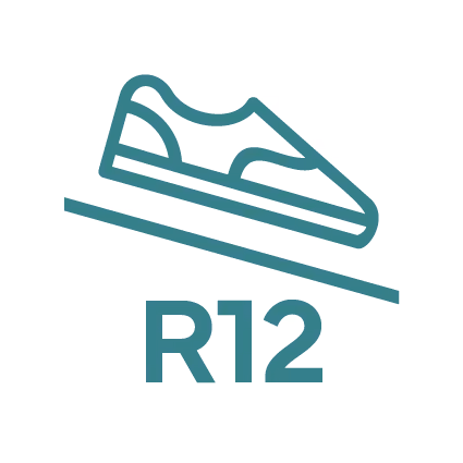 Shoe icon on an inclined line with text R12 indicating a slip resistance rating.
