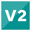 Silver metallic text 'V2' on a teal square background with a long shadow.