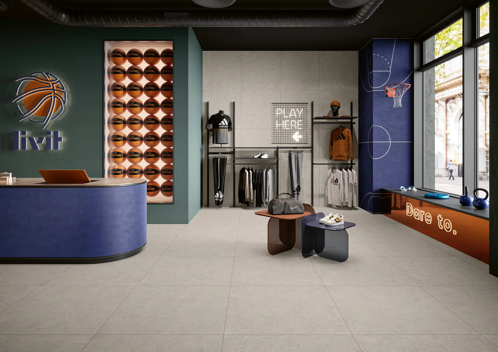 Modern sports store interior with basketball display, Adidas apparel, shoes, and exercise equipment.