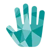 Blue and teal geometric polygonal hand shape on a transparent background.