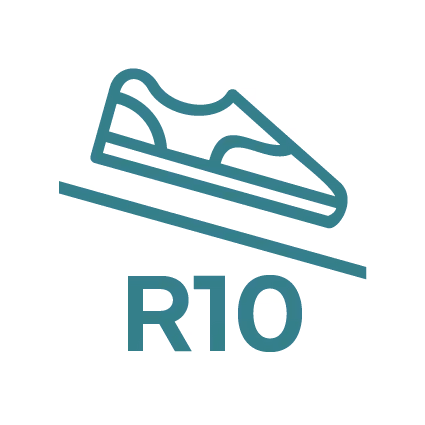Icon of a shoe on a sloped surface with the text R10 indicating slip resistance rating.