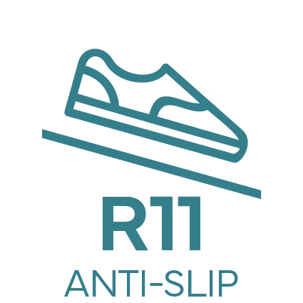 Icon of a shoe on a sloped surface labeled R11 anti-slip rating.