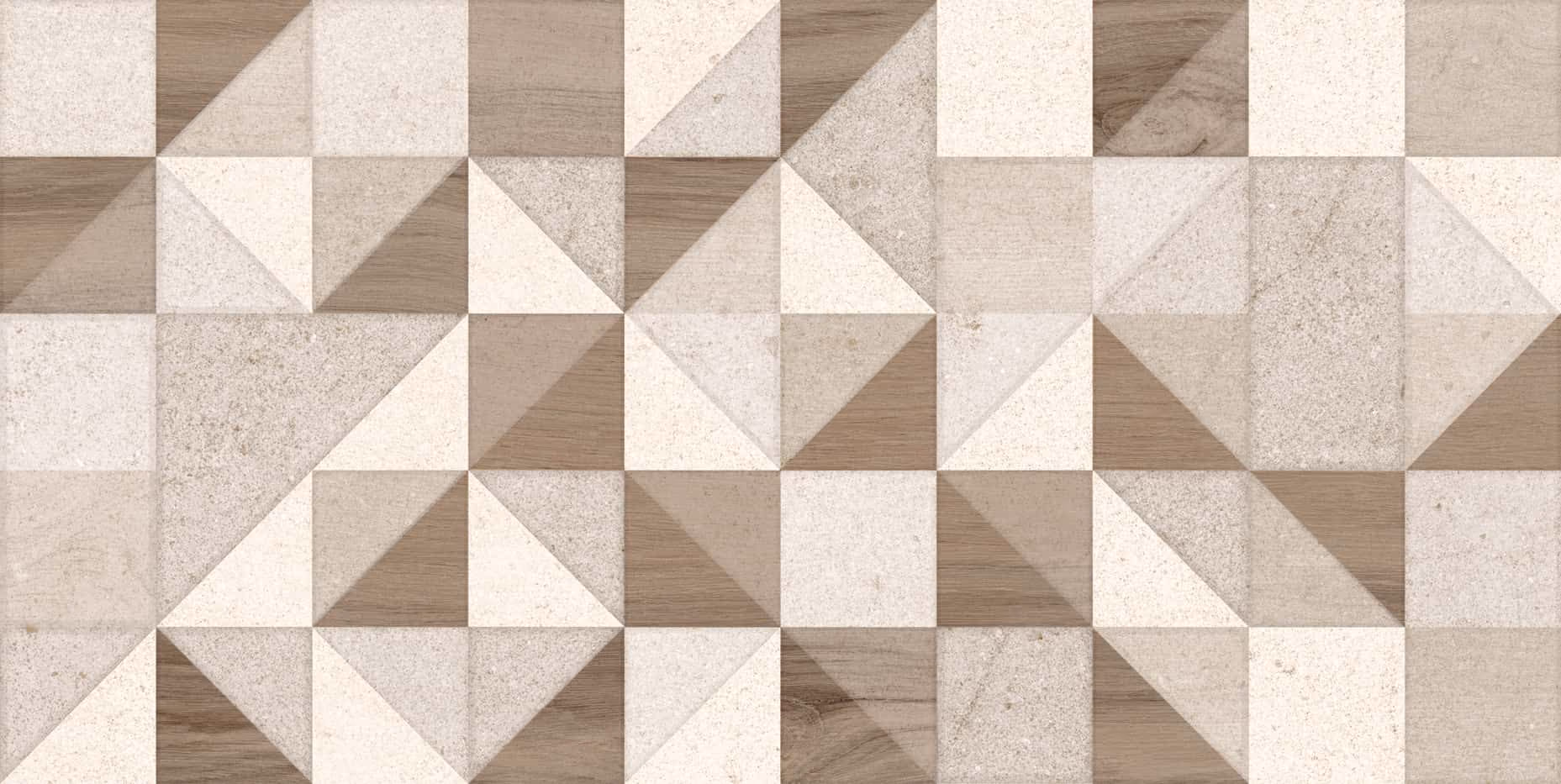 Pattern of beige and light brown textured square tiles arranged in geometric shapes.
