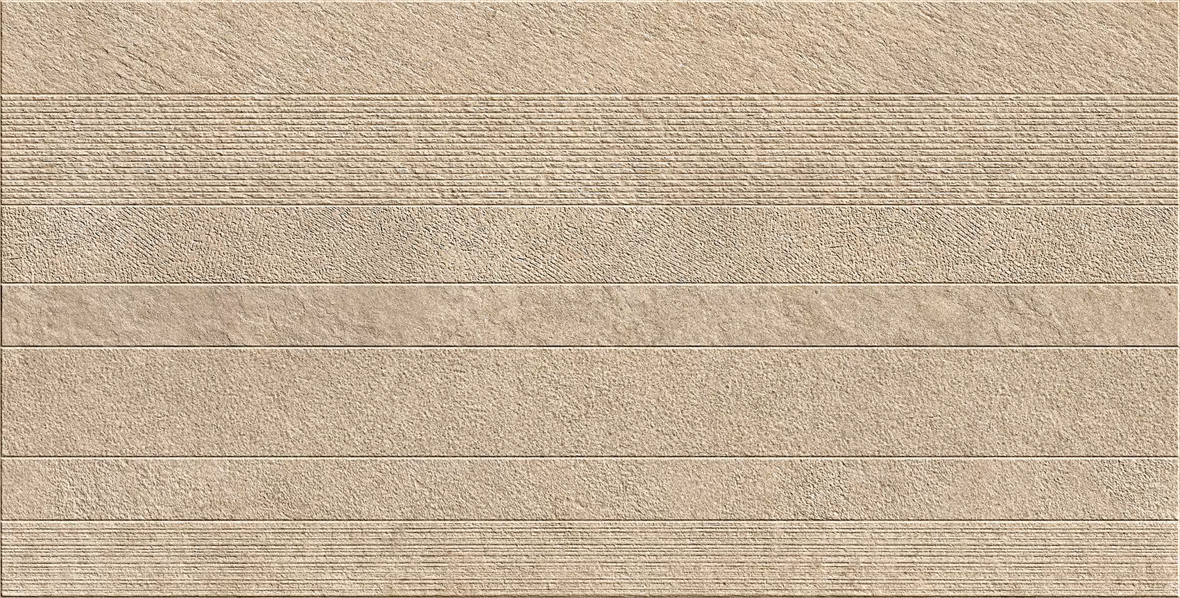 Beige textured surface with horizontal sections of varied roughness and linear patterns.