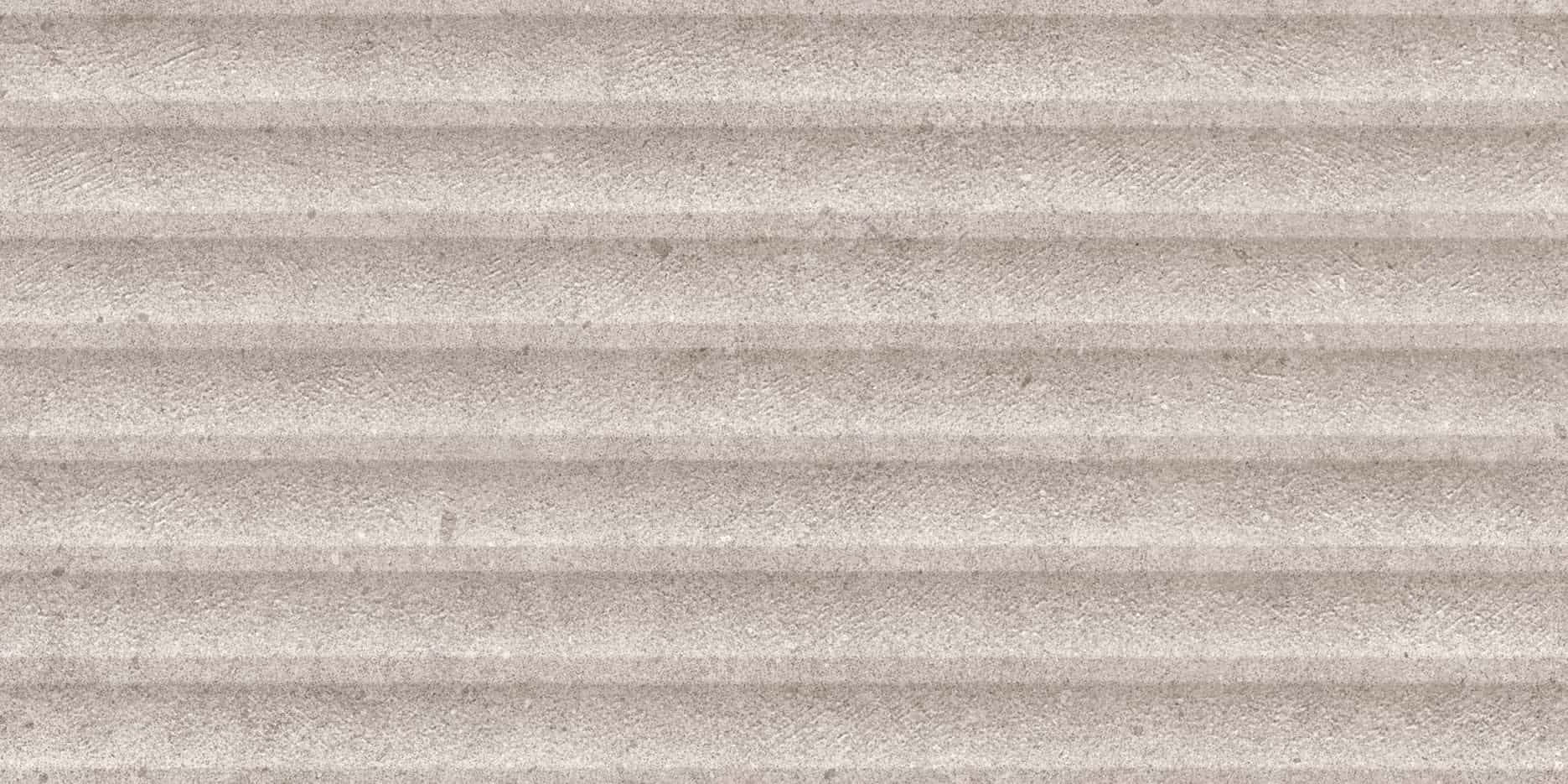 Textured surface with horizontal ridges in light grey color resembling concrete or stone.