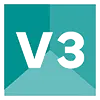 Gray text 'V3' casting shadow on teal background with geometric shapes.