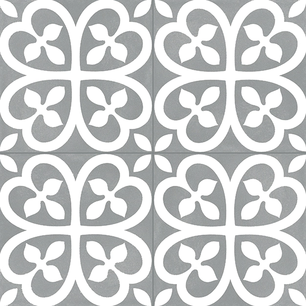 Gray tiles with white floral patterns forming symmetrical clover shapes and small leaf details.