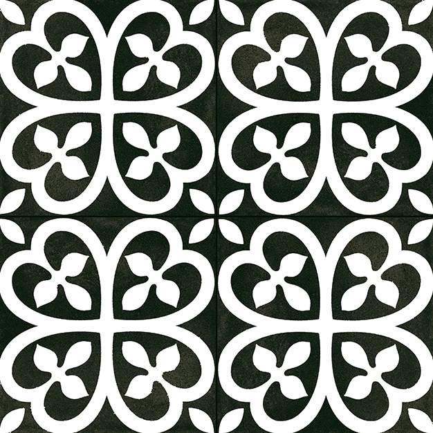 Black and white tile pattern with four-leaf clover shapes formed by white curves on black background.