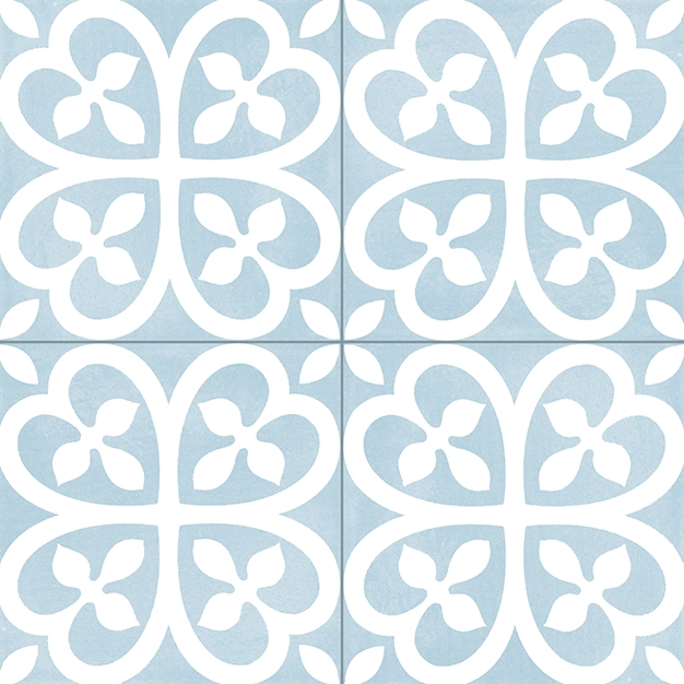 Blue and white tile pattern with four heart shapes forming a floral design in each tile.
