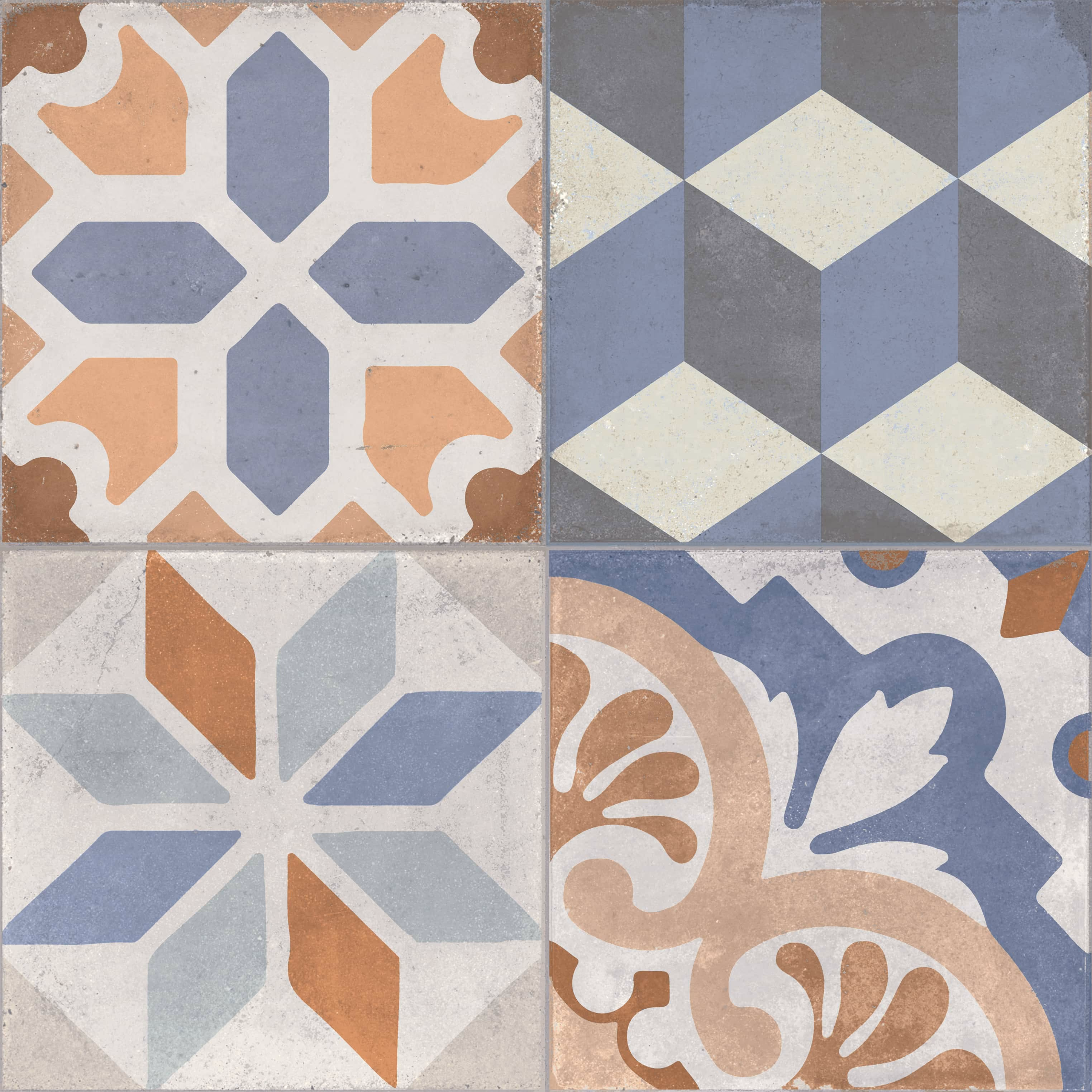 Four vintage ceramic tiles with geometric and floral patterns in blue, beige, and terracotta.