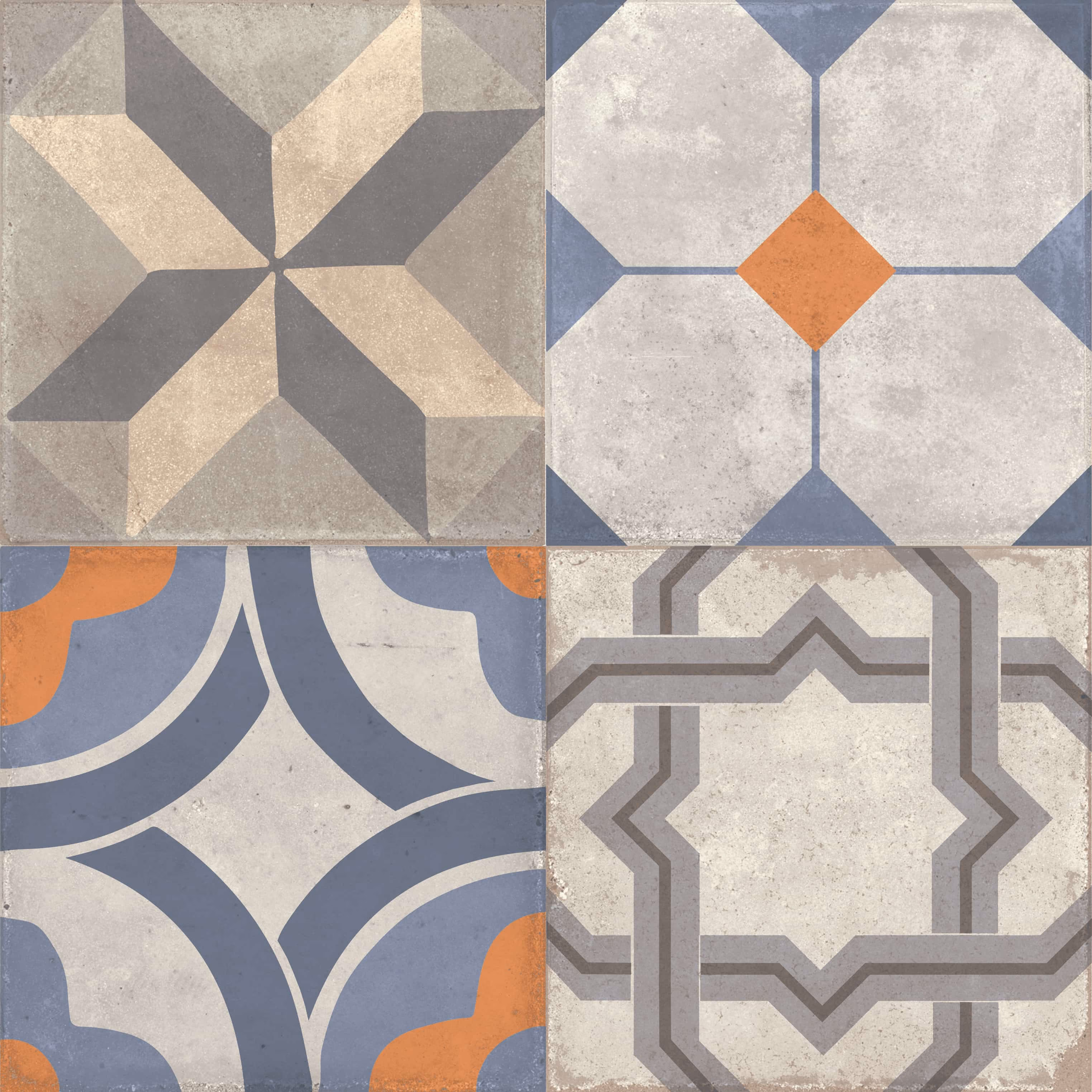 Four decorative ceramic tiles with geometric patterns in muted tones of blue, orange, gray, and beige.