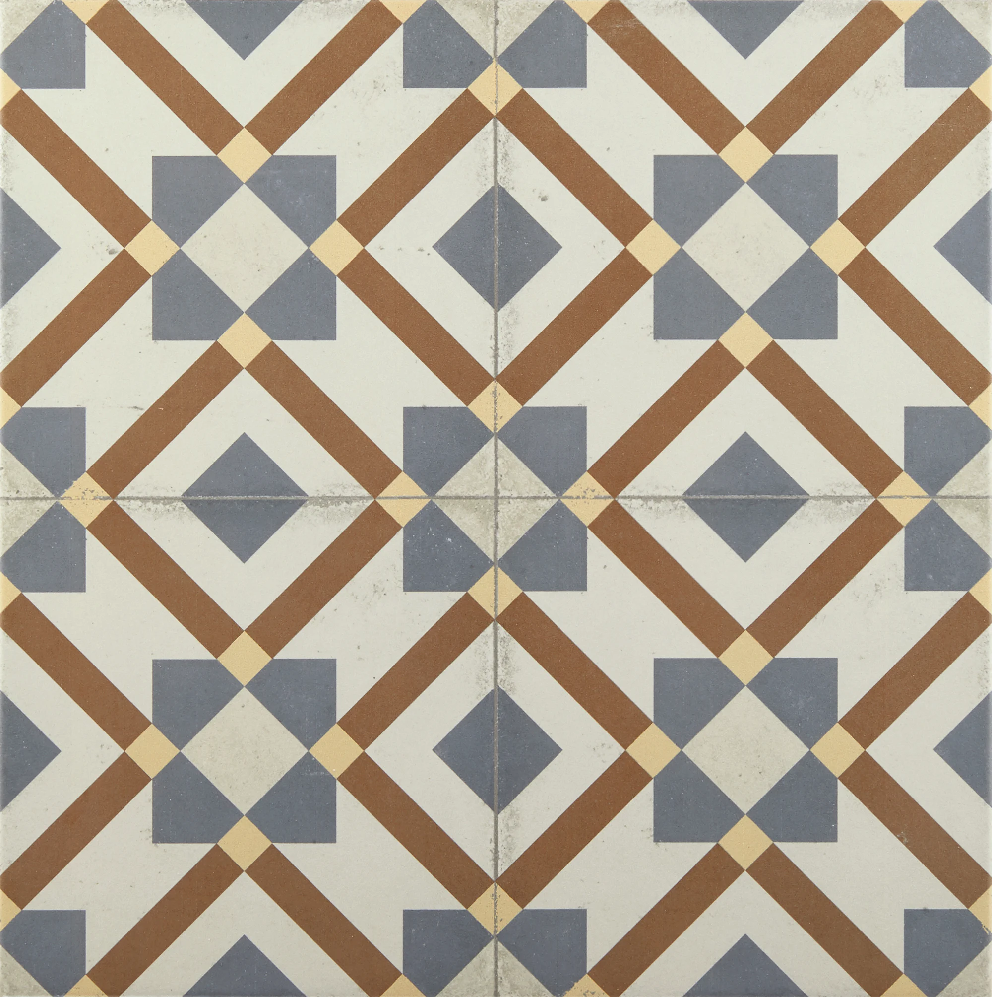 Vintage tile pattern with blue squares, brown diagonal lines, and cream diamond shapes on white background.