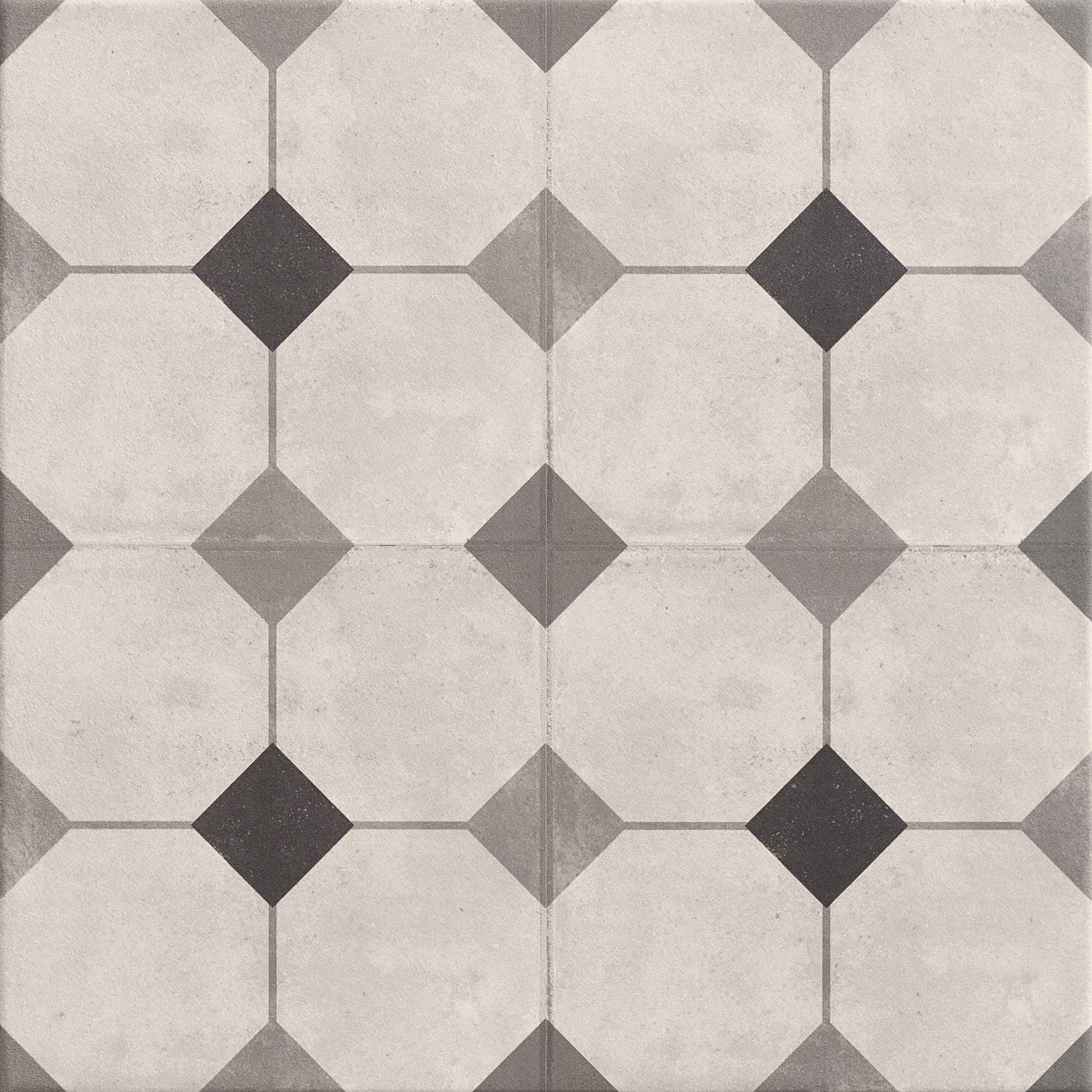 Floor tiles with a geometric pattern of octagons and diamonds in shades of grey and black.