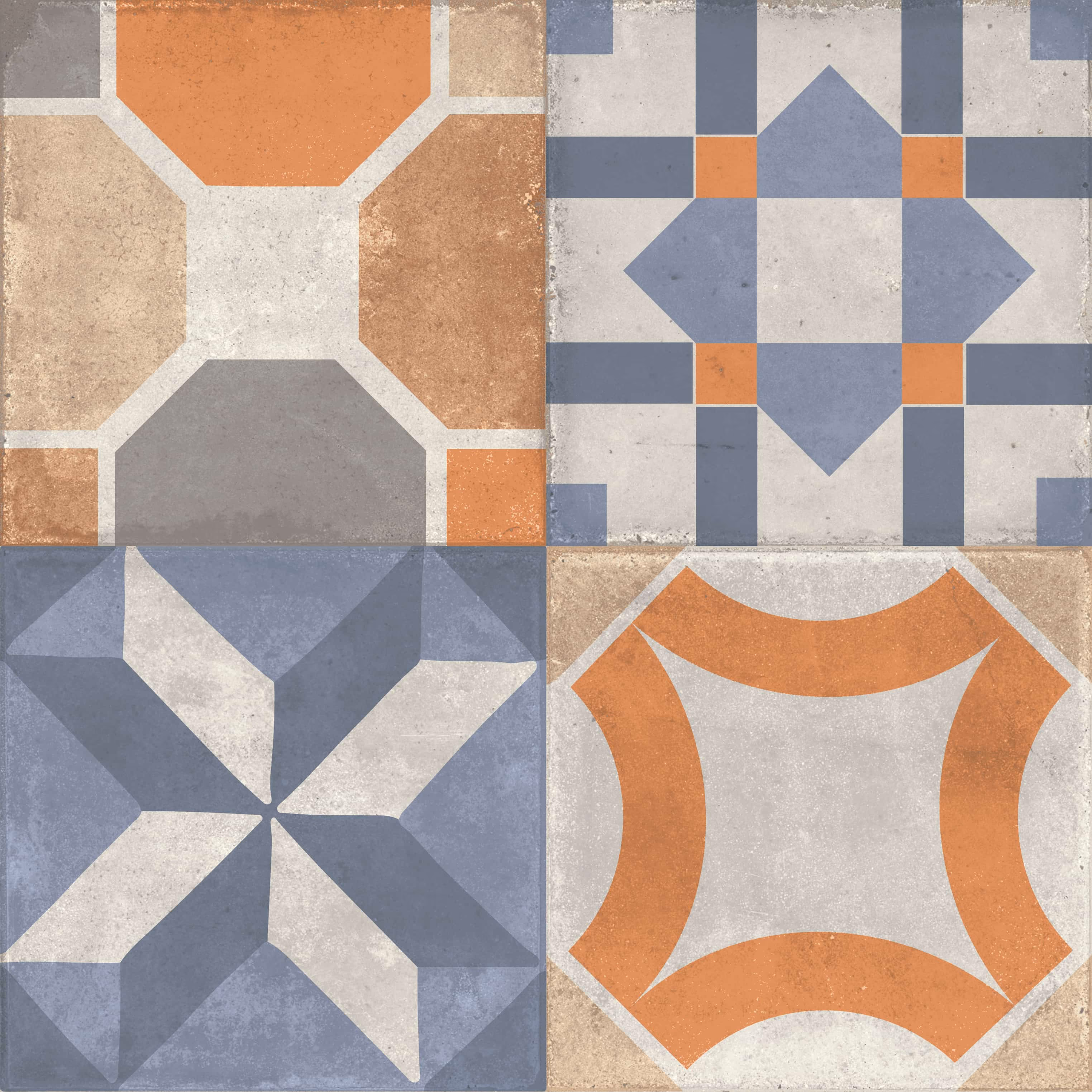 Four vintage-style decorative tiles in beige, orange, gray, and blue with geometric patterns.