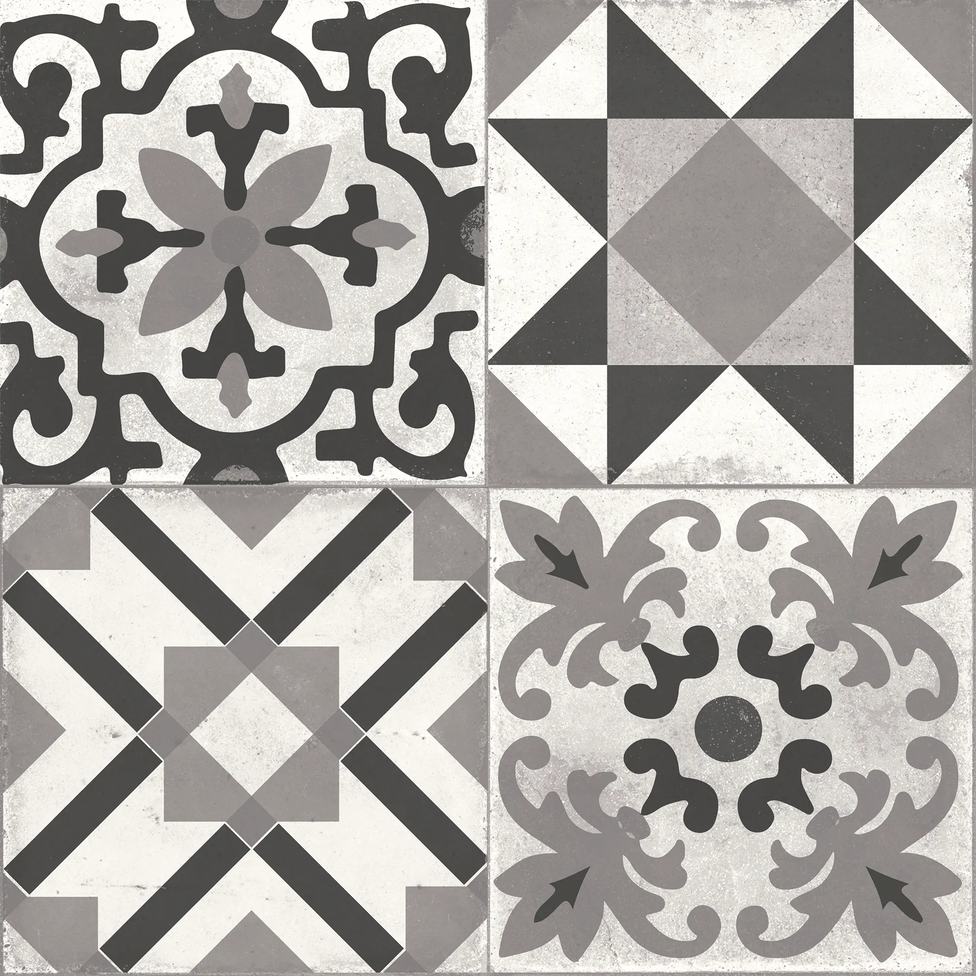 Square tiles with mixed vintage geometric and floral patterns in gray, black, and white tones.