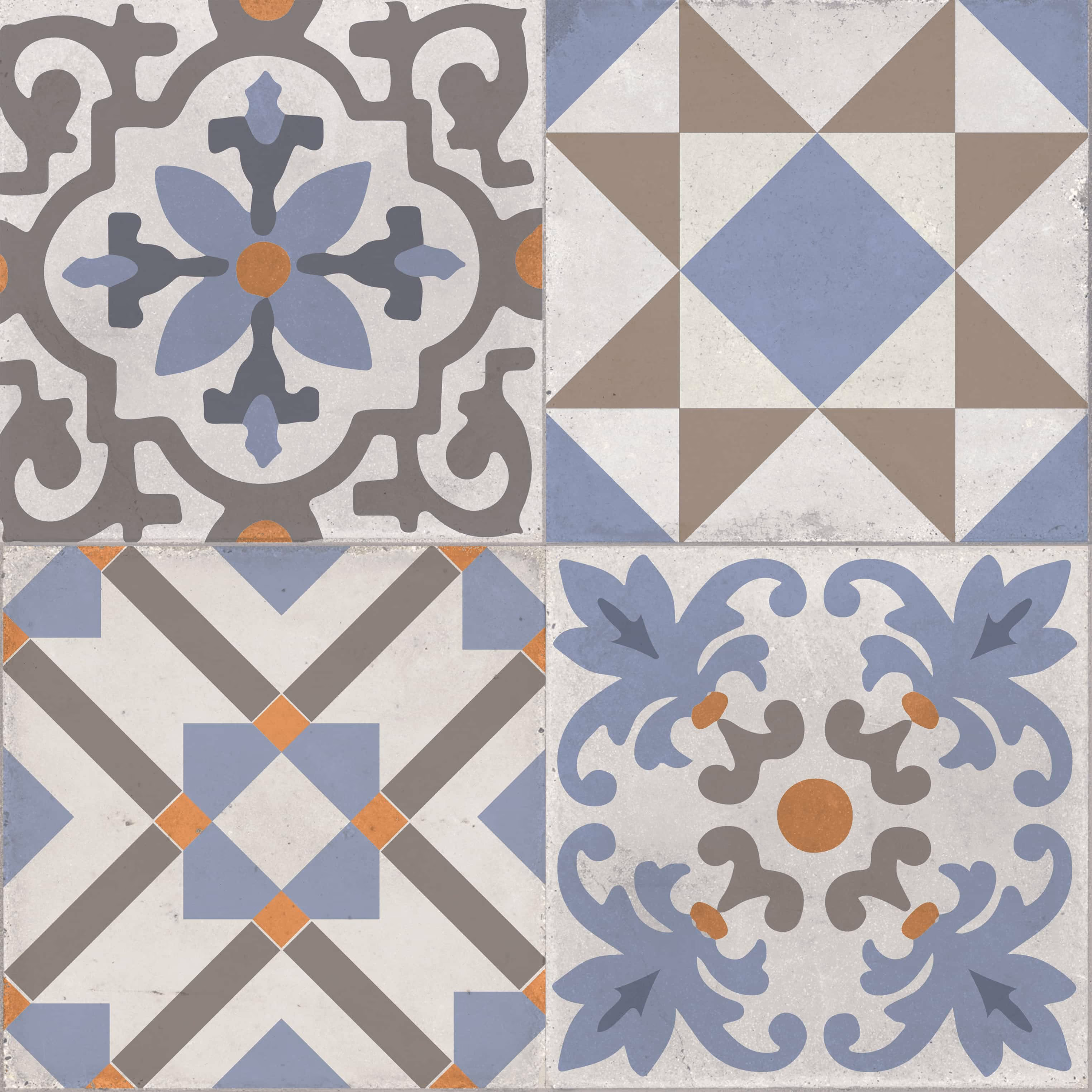 Four decorative tiles with blue, brown, and orange geometric and floral patterns.