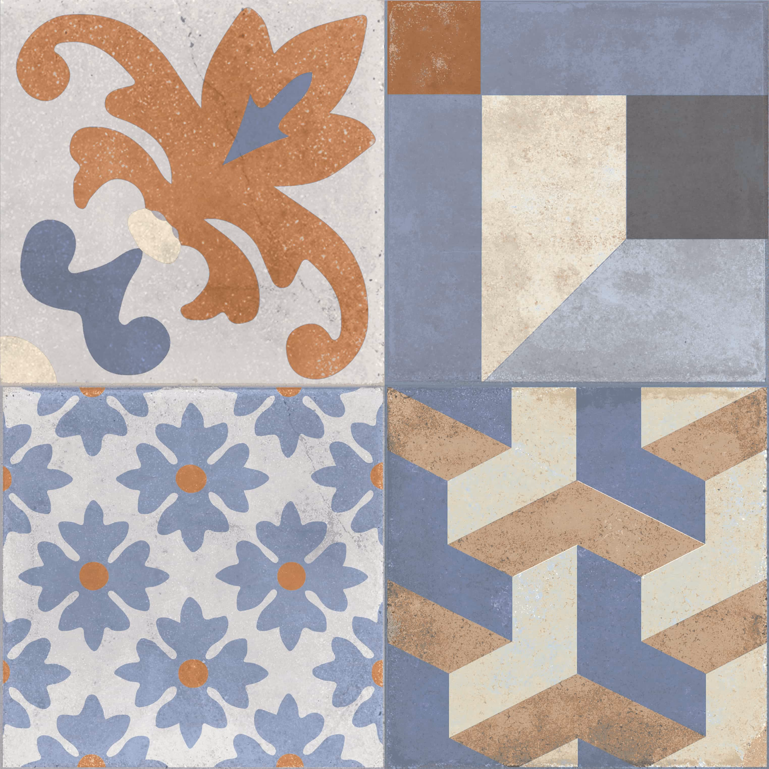 Four ceramic tiles with vintage floral and geometric patterns in blue, brown, and beige tones.