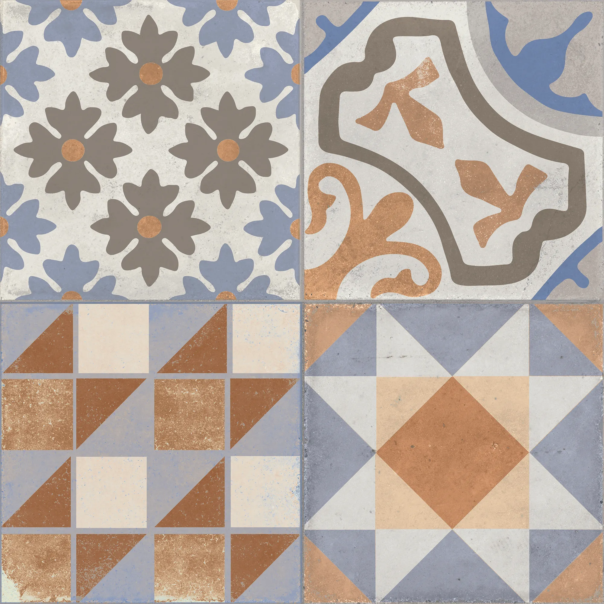 Four decorative vintage-style tiles with floral and geometric patterns in blue, tan, and gray tones.