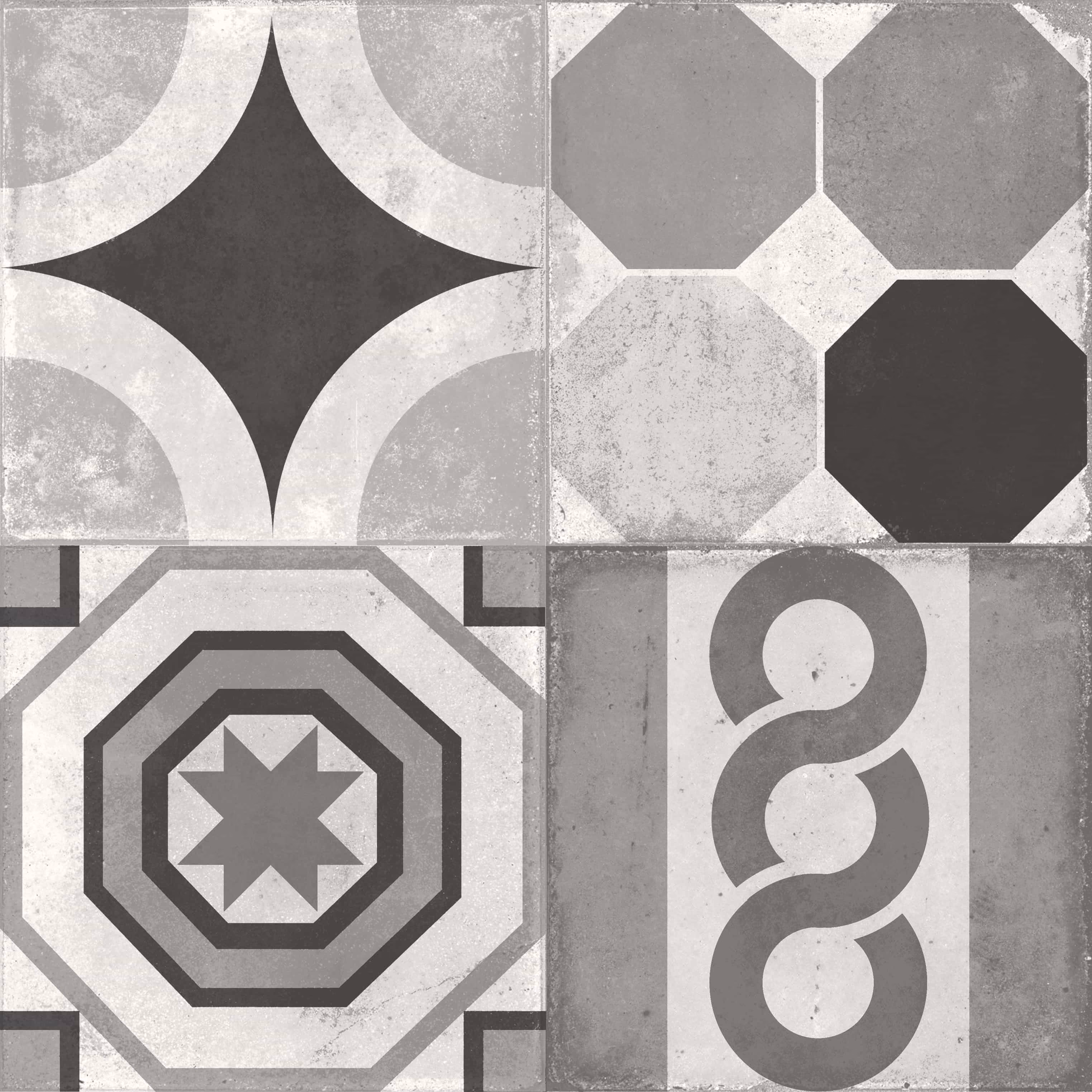 Gray patterned tile with four distinct geometric designs including stars, octagons, and curves.