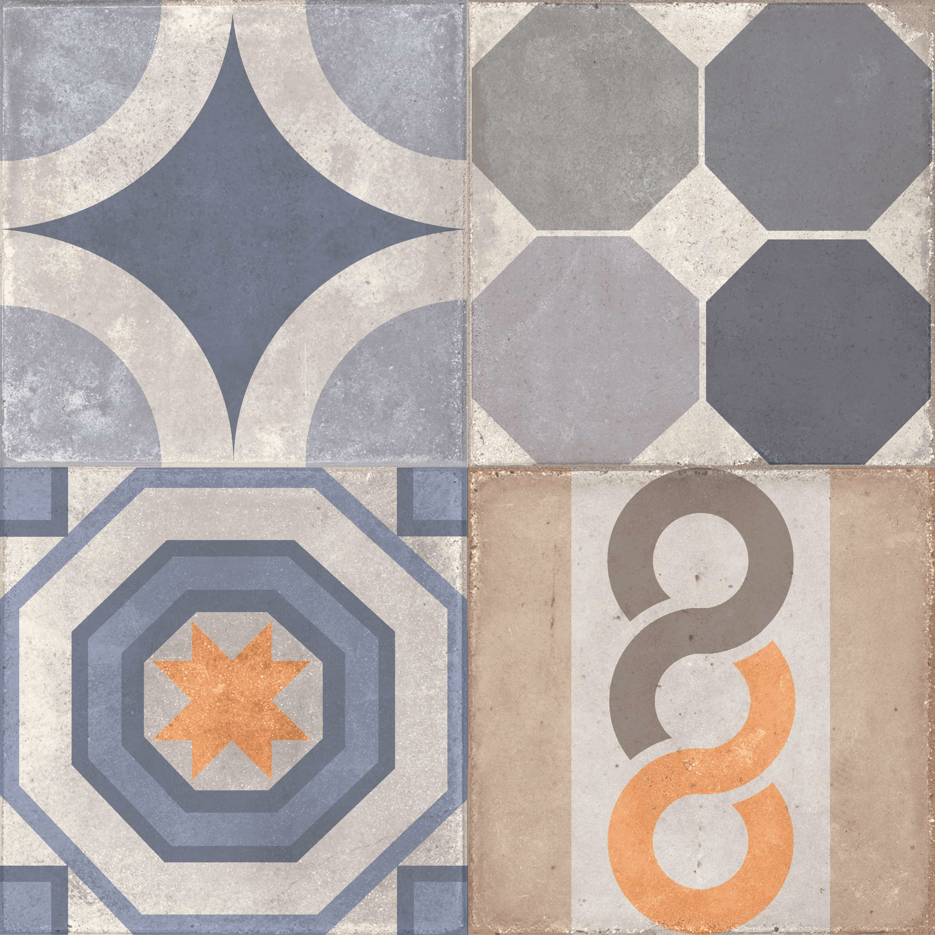 Four decorative vintage-style tiles in muted blue, gray, beige, and orange geometric patterns.