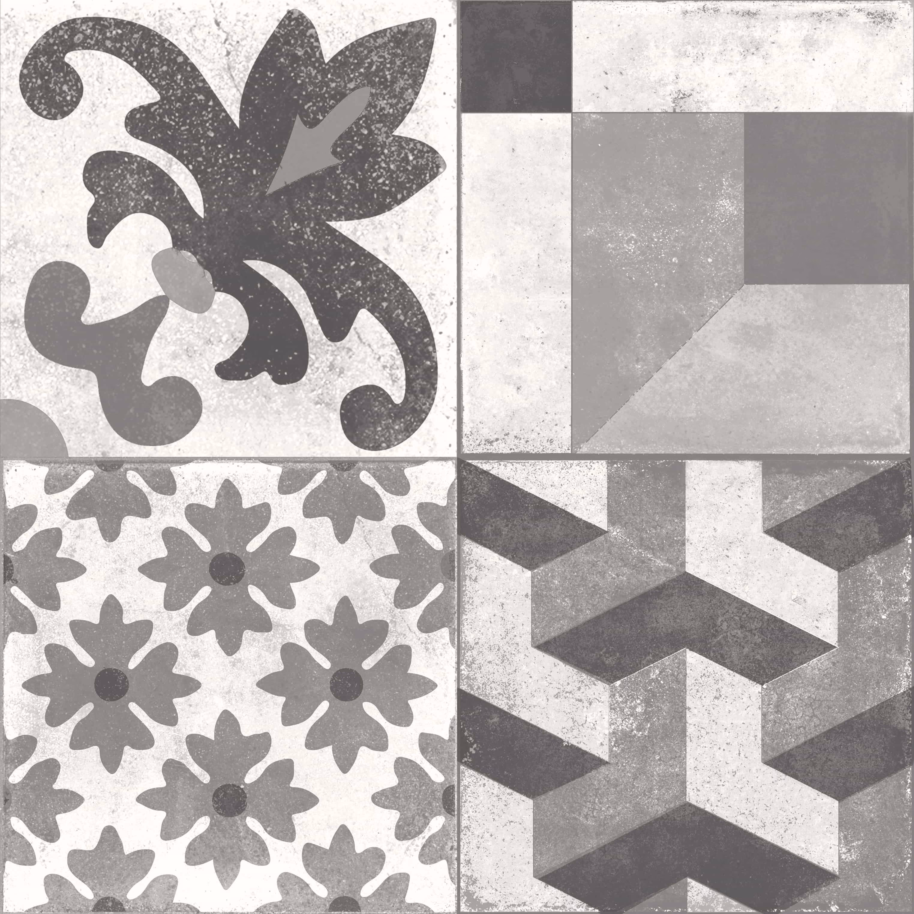 Four gray and white decorative tiles with floral, geometric, and abstract patterns.