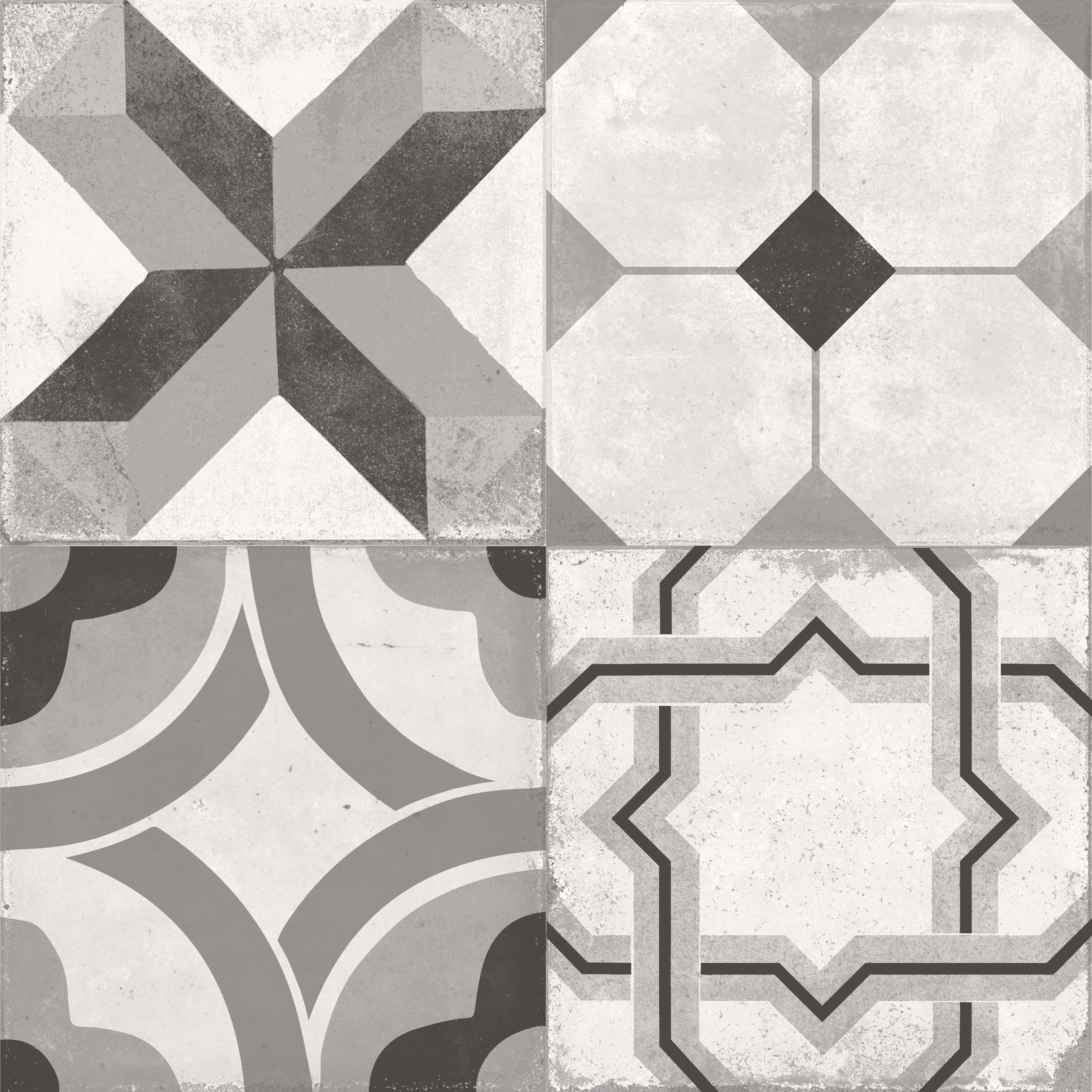 Four gray and white geometric patterned tiles with varied vintage-style designs.
