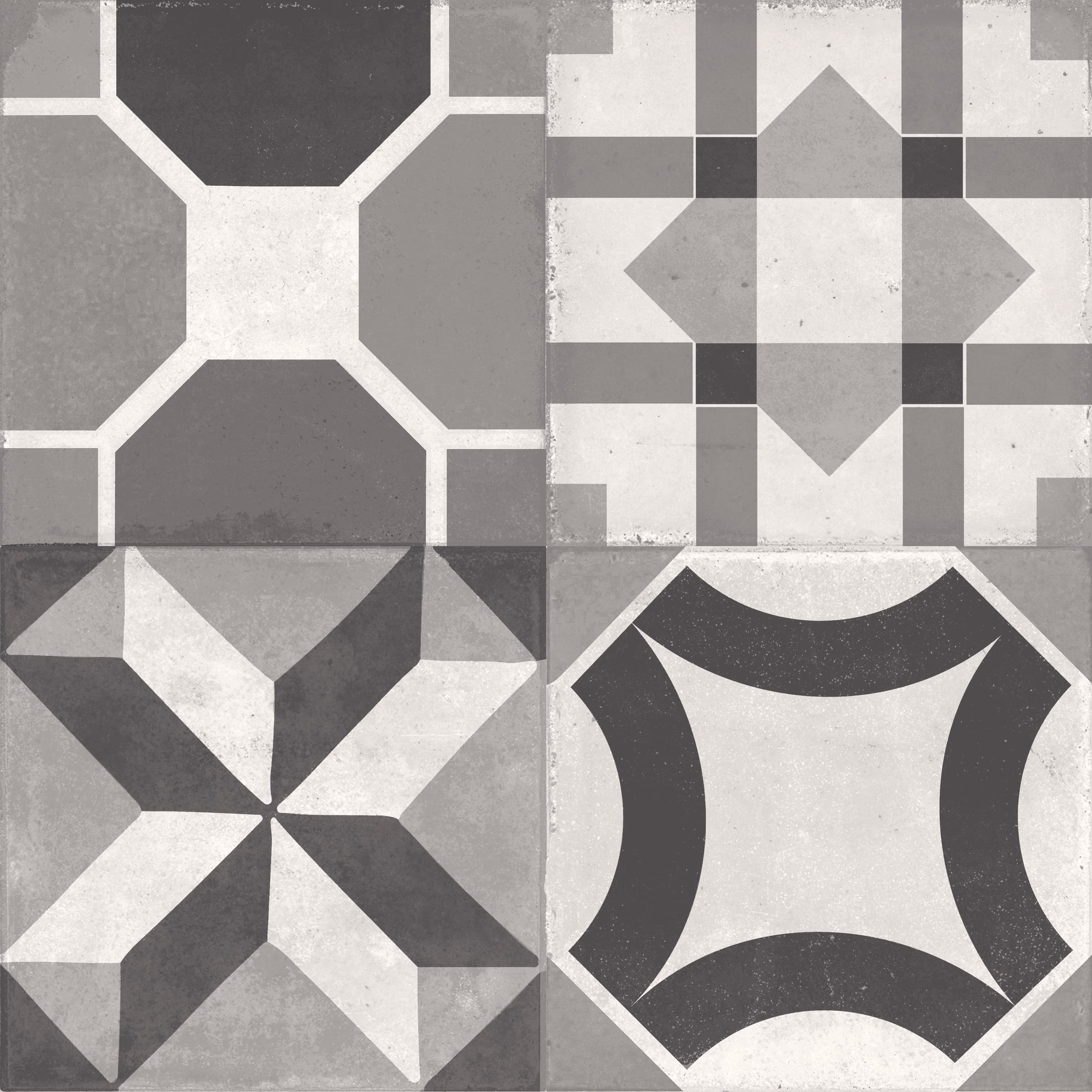 Four gray-scale geometric patterned square tiles arranged in a 2x2 grid with varied shapes.