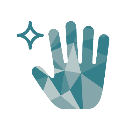 Geometric polygon-style teal hand icon with a four-point star spark on the left.