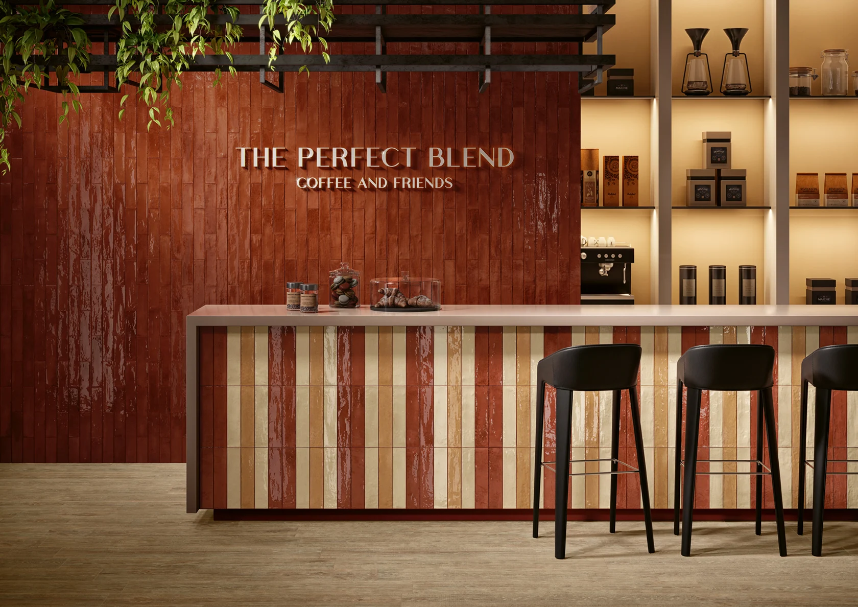 Modern coffee bar with striped red and beige tiles, three black stools, and shelves with coffee items.