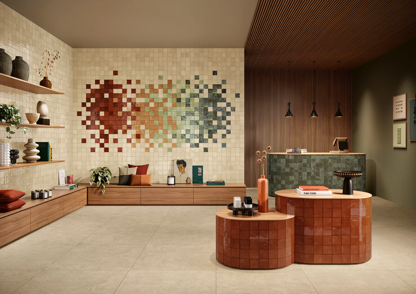 Modern room with wooden shelves, colorful tiled wall, brown tiled tables, and reception desk with pendant lights.