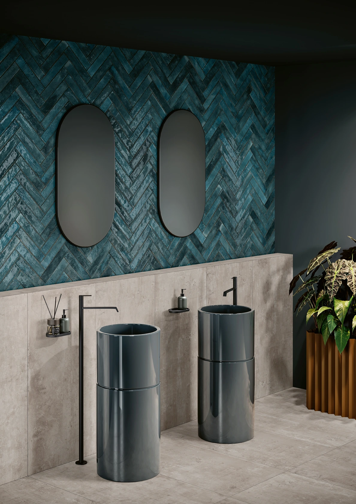 Modern bathroom with two cylindrical black sinks, oval mirrors, and blue chevron tile wall.