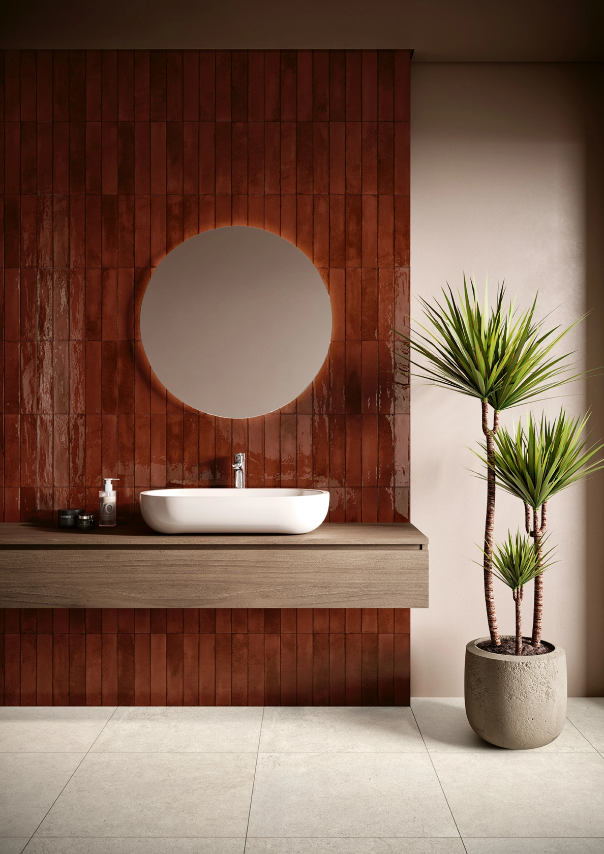 Modern bathroom with a round mirror, white sink on wooden floating vanity, and a potted green plant.
