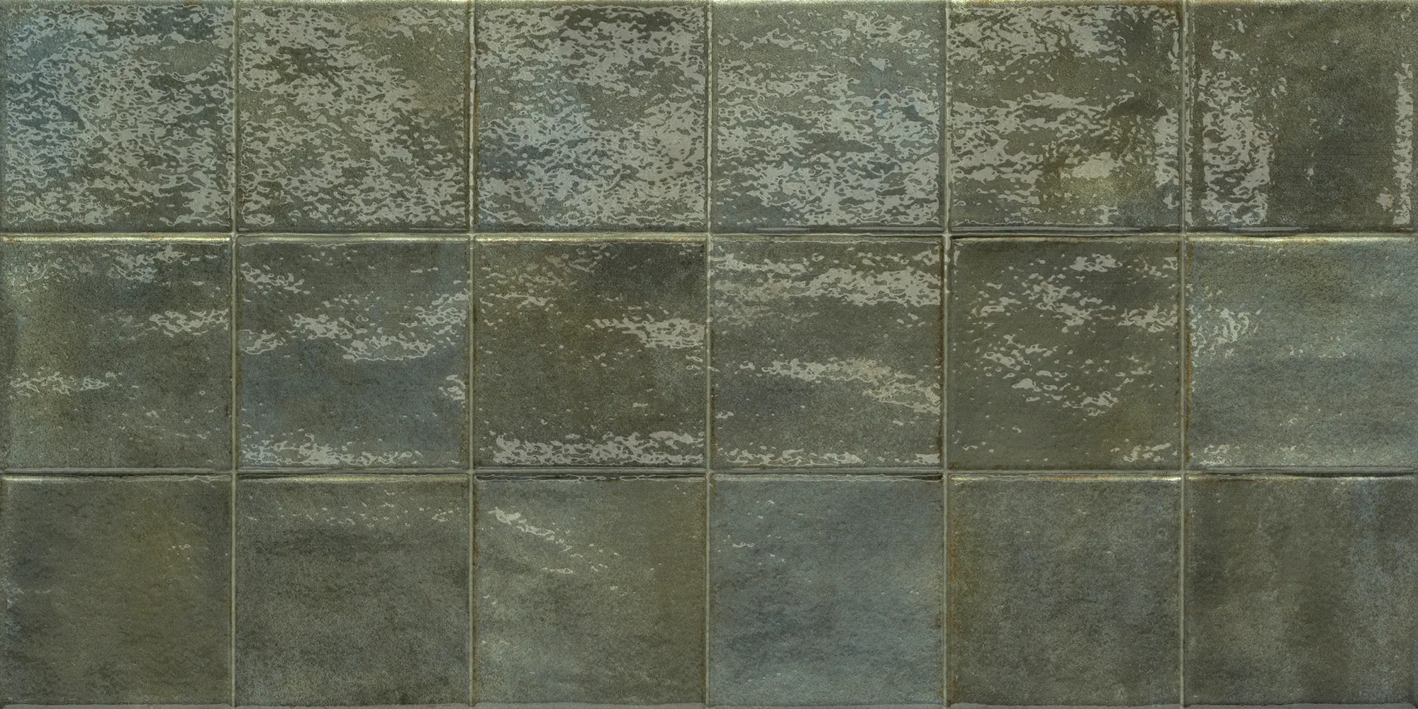 Grid of glossy square ceramic tiles in shades of grey with textured surface and subtle color variations.