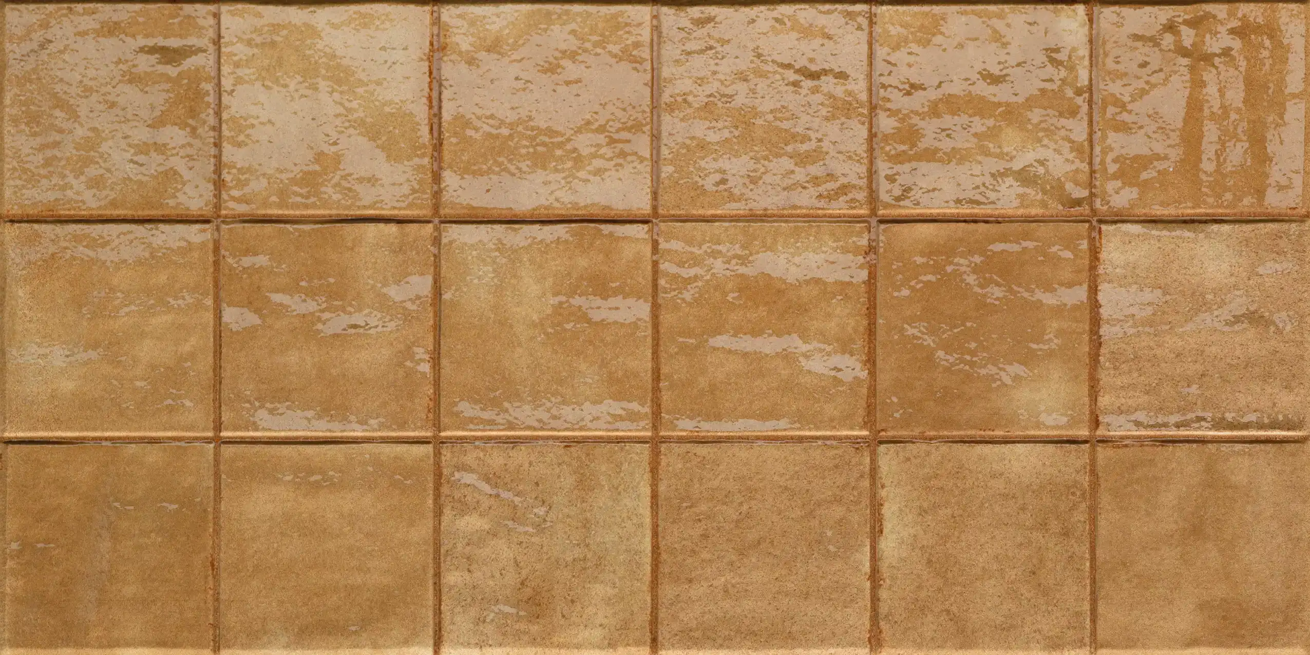 Glossy rectangular caramel-colored tiles arranged in three rows and six columns.