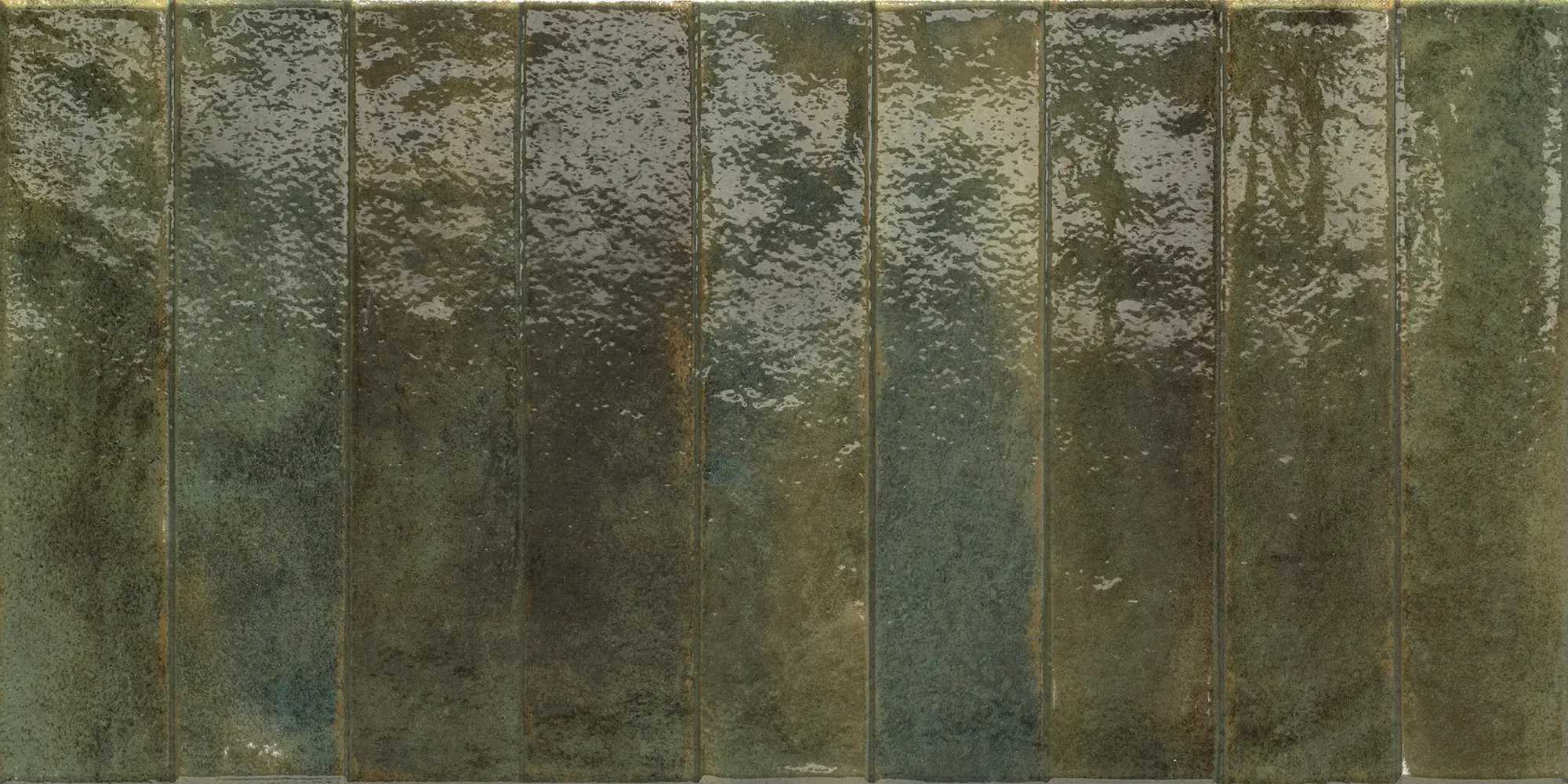 Close-up of shiny green rectangular ceramic tiles arranged in vertical rows.