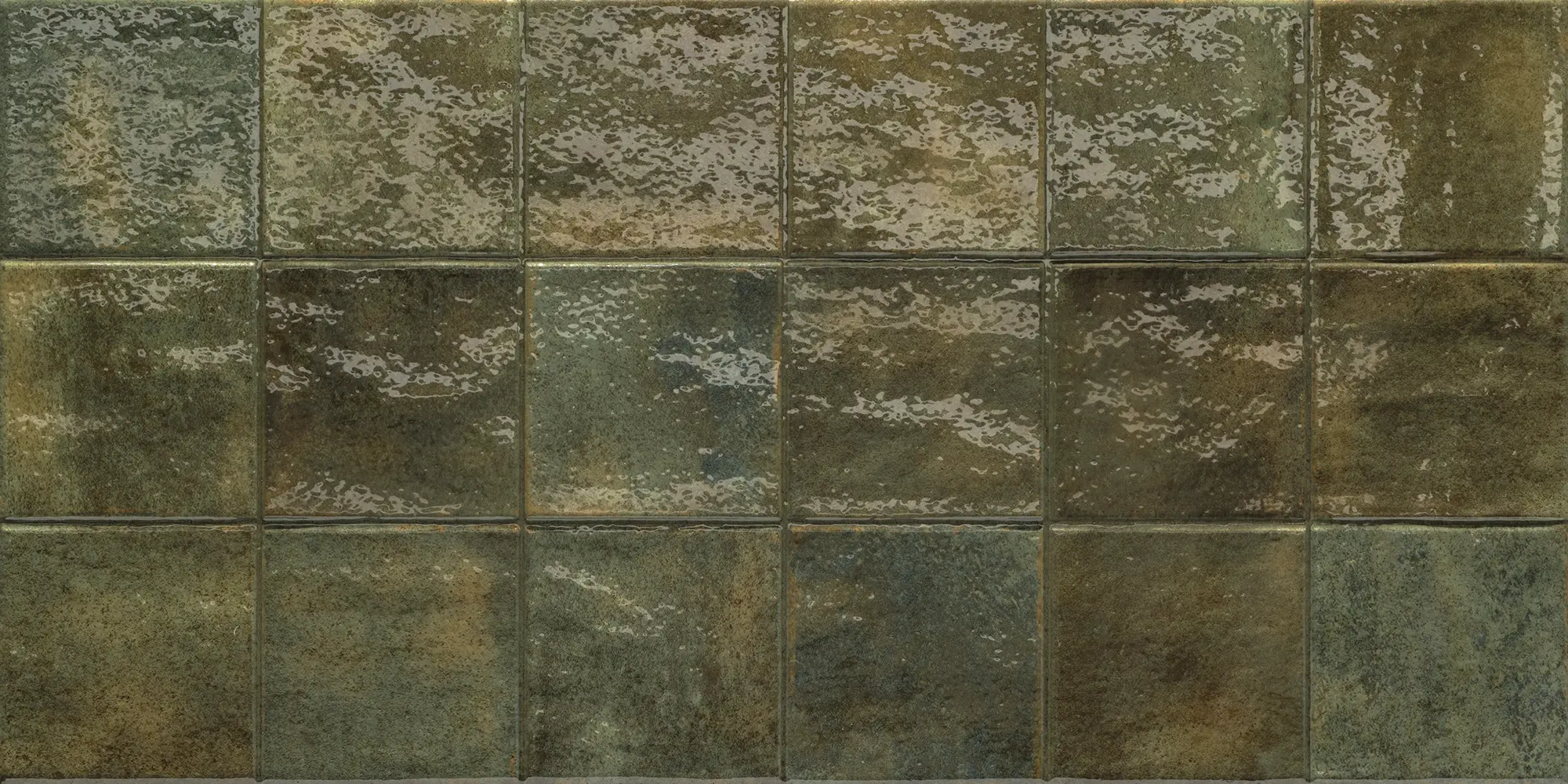 Glossy square ceramic tiles in varying dark green shades arranged in a grid.