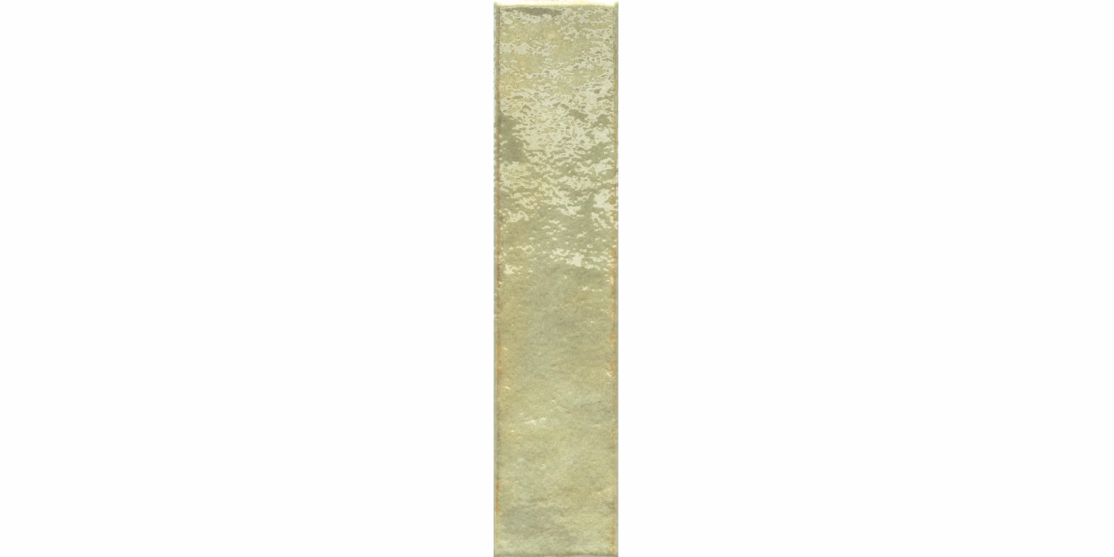 Tall narrow shiny ceramic tile in a muted mint green color with a slightly textured surface.