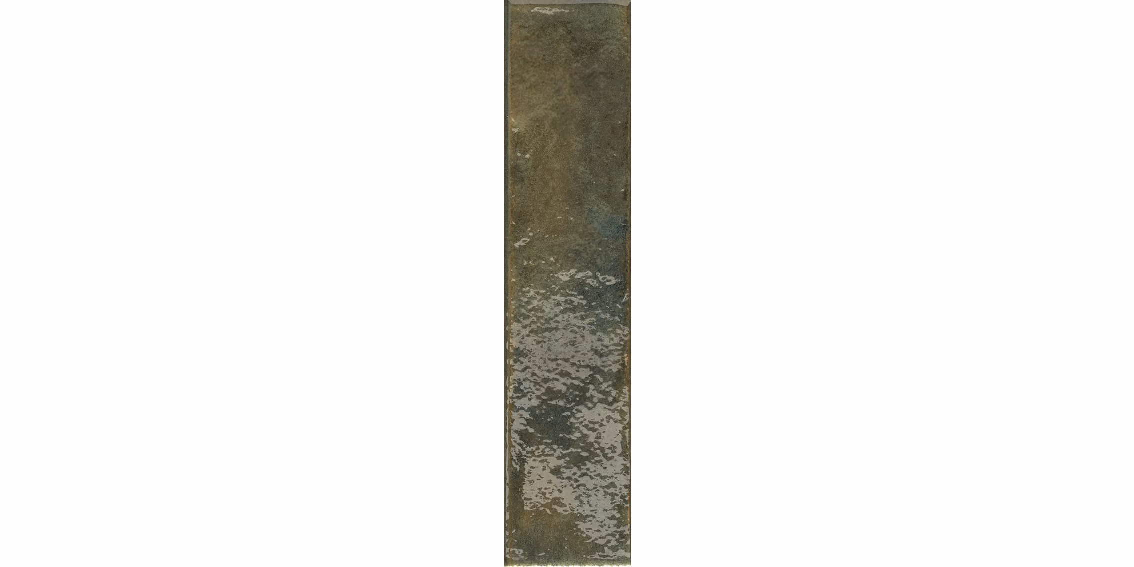 Long narrow vertical tile with a textured green and brown glossy surface.