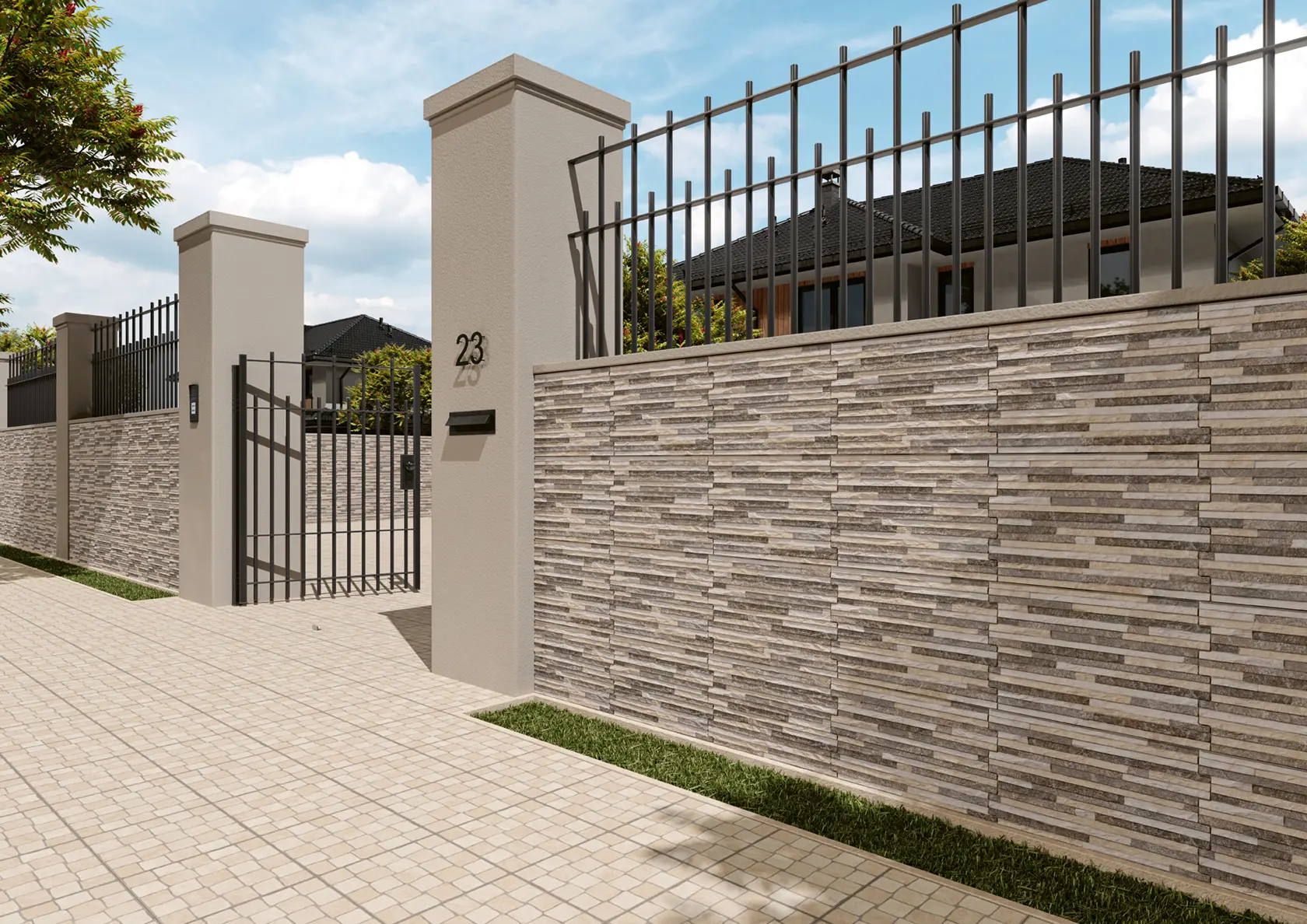 Modern house entrance with beige tiled walkway, stone wall, metal gate, and house number 23.